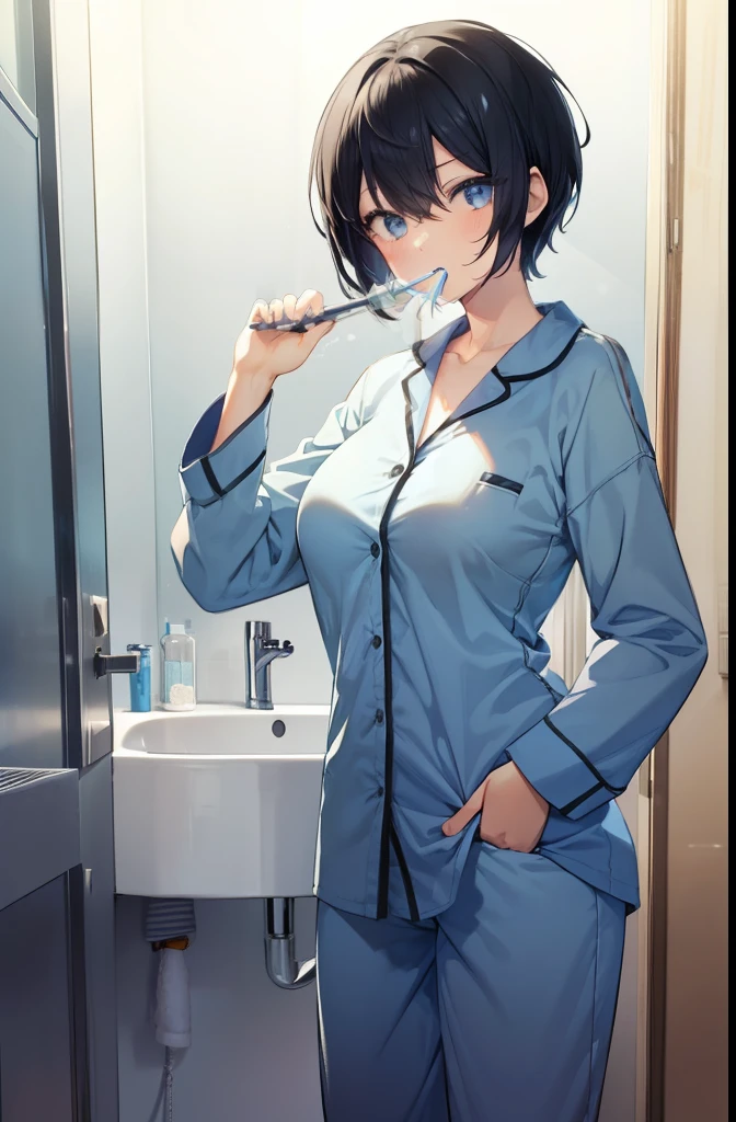 Girl brushing her teeth in the bathroom 1,boyish,Very short hair,Black Hair,Light blue pajamas,Looks sleepy,Large Breasts,