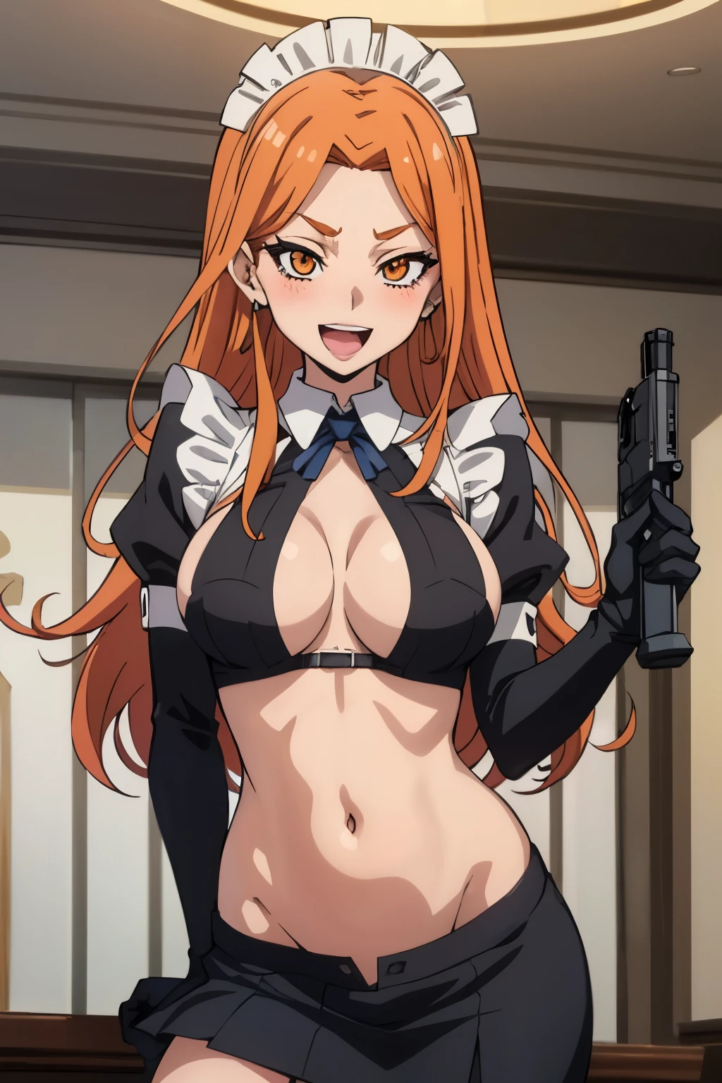 1girl, solo, hinakodesu2, (orange hair:1.2), (long hair:1.2), orange eyes, gloves,  standing, large breasts, Hot girl, baddie, bad attitude, mean girl,crazy, smoking, sensual, attractive,
blush, lipstick, jewelry, earrings, complex detailed background, casino environment, fancy interior environment, rich
interior, masterpiece, best quality, highly detailed, a anime girl in maid uniforms, holding pistol, maid
outfit, cleavage, evil smile, smile, open mouth ,ecchi anime style, anime girls, ecchi style, ecchi, digital
anime art!!, in anime style, official artwork, (nsfw) not safe for work, beautiful anime maid girl, anime
style 4 k, micro skirt, exposed belly, exposed navel, exposed midriff, exposed lower belly, holding a gun, ,