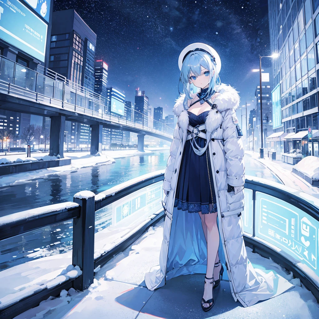 1 woman,light blue hair,blue eyes,,winter,looking at viewer,full body photo, night city background