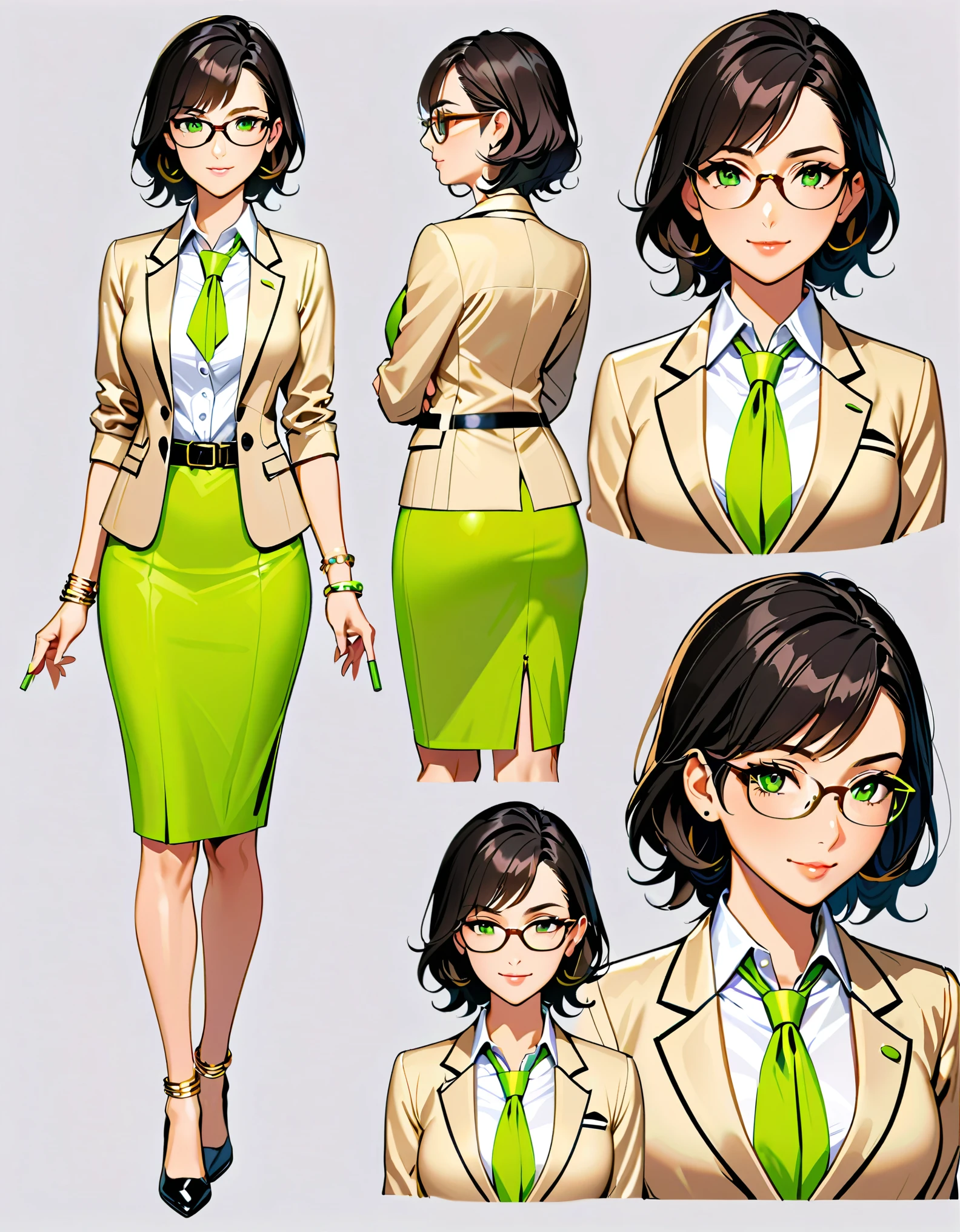 (masterpiece), (best quality), (hires), highly detailed, professional, 1lady, mature lady, tall body, jet black hair, short hair, (tied up hair), green eyes, (glasses), beautiful detailed eyes, beautiful detailed face, (beige suit, open jacket), white dress shirt, open collar, (medium lime green pencil skirt), (perfect hands, complete fingers), (gold bracelets), bare legs, solo, solo focus, full body with costume, semi-realistic, friendly. Simple background, Multiple Views, Character Sheet Full-Length.