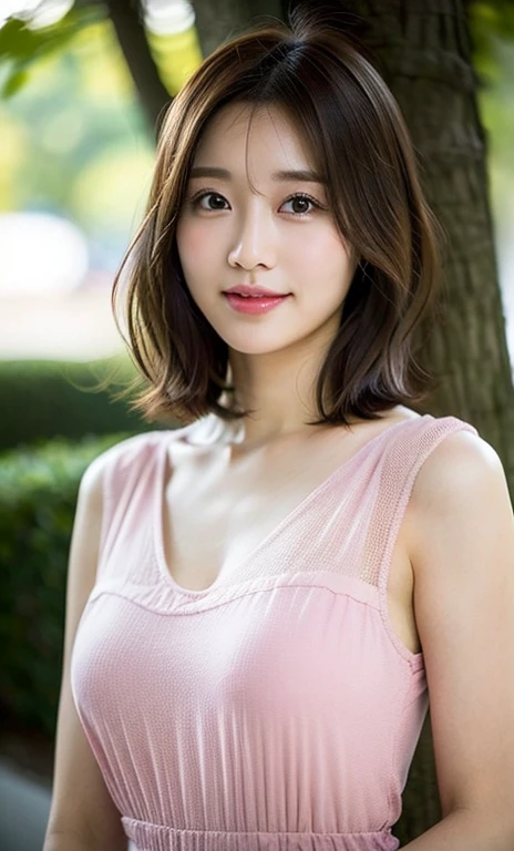 (a beautiful woman, age 28, outdoor morning dawn, wearing a pink see-through dress, short disheveled hair, super definition face, fine eyes with double eyelids, friendly kind smile, dimpled cheeks, beautiful lips, fair skin, super cute and soft face, brown hair, soft toned body, ample round bosom, 8k resolution, super realistic, super definition, highest definition, masterpiece, bokeh_background, the_cowboy_shot, SFW)
