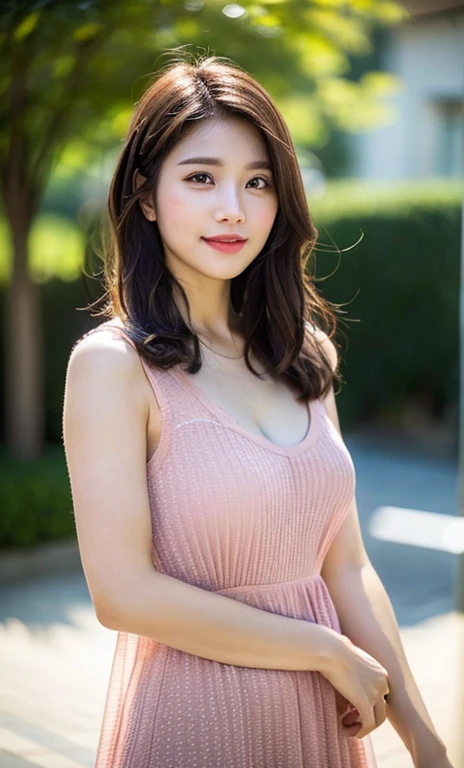 (a beautiful woman, age 28, outdoor morning dawn, wearing a pink see-through dress, short disheveled hair, super definition face, fine eyes with double eyelids, friendly kind smile, dimpled cheeks, beautiful lips, fair skin, super cute and soft face, brown hair, soft toned body, ample round bosom, 8k resolution, super realistic, super definition, highest definition, masterpiece, bokeh_background, the_cowboy_shot, SFW)