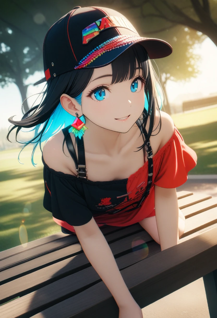 15-year-old girl, ((She wears flashy earrings, flashy accessories, and a fashionable baseball cap. Underwear is a stylish off-shoulder T-shirt. The strap of the bright red bra inside was hanging around her shoulders.))、(Black hair color、Light blue inner color hairstyle、Hair expressed with a delicate touch), Beautiful Hair, Facial Contour, Remember, Wide park bench, splash, Lens flare、sunlight、illumination、Natural Color, High resolution, Very delicate, Very detailed, 8k,(Breast size around B cup)、Shyness,((Sexual)),((A naughty feeling)),Angle of view from the foot、smile