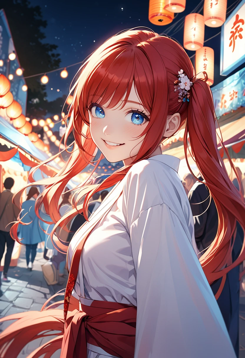 detailed illustration, dynamic angle, ultra-detailed, illustration, 1girl, 18 year old, school girl, twin tails, long red hair, very long hair, white blouse, red tie, medium breasts, looking at camera, from the side, blue eyes, crystal eyes, bright eyes, kimono, at the festival, at night, smiling softly, happy