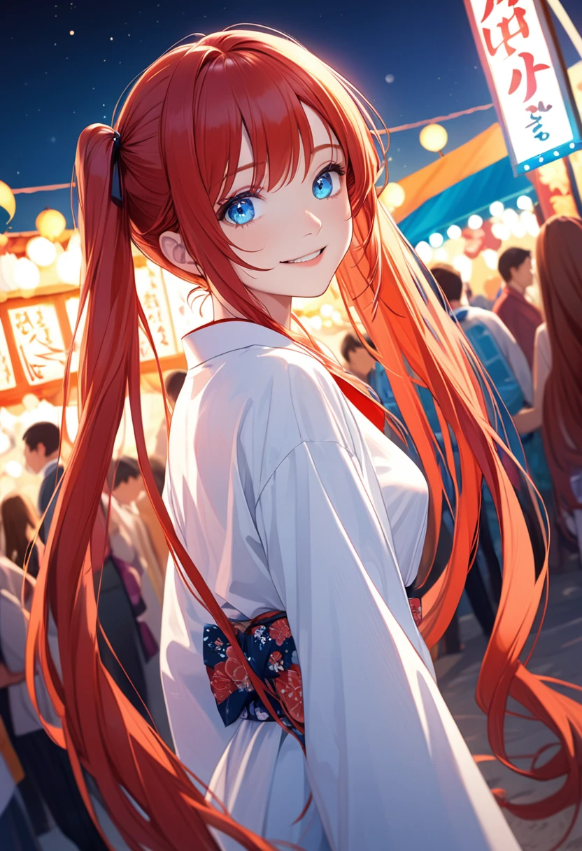detailed illustration, dynamic angle, ultra-detailed, illustration, 1girl, 18 year old, school girl, twin tails, long red hair, very long hair, white blouse, red tie, medium breasts, looking at camera, from the side, blue eyes, crystal eyes, bright eyes, kimono, at the festival, at night, smiling softly, happy