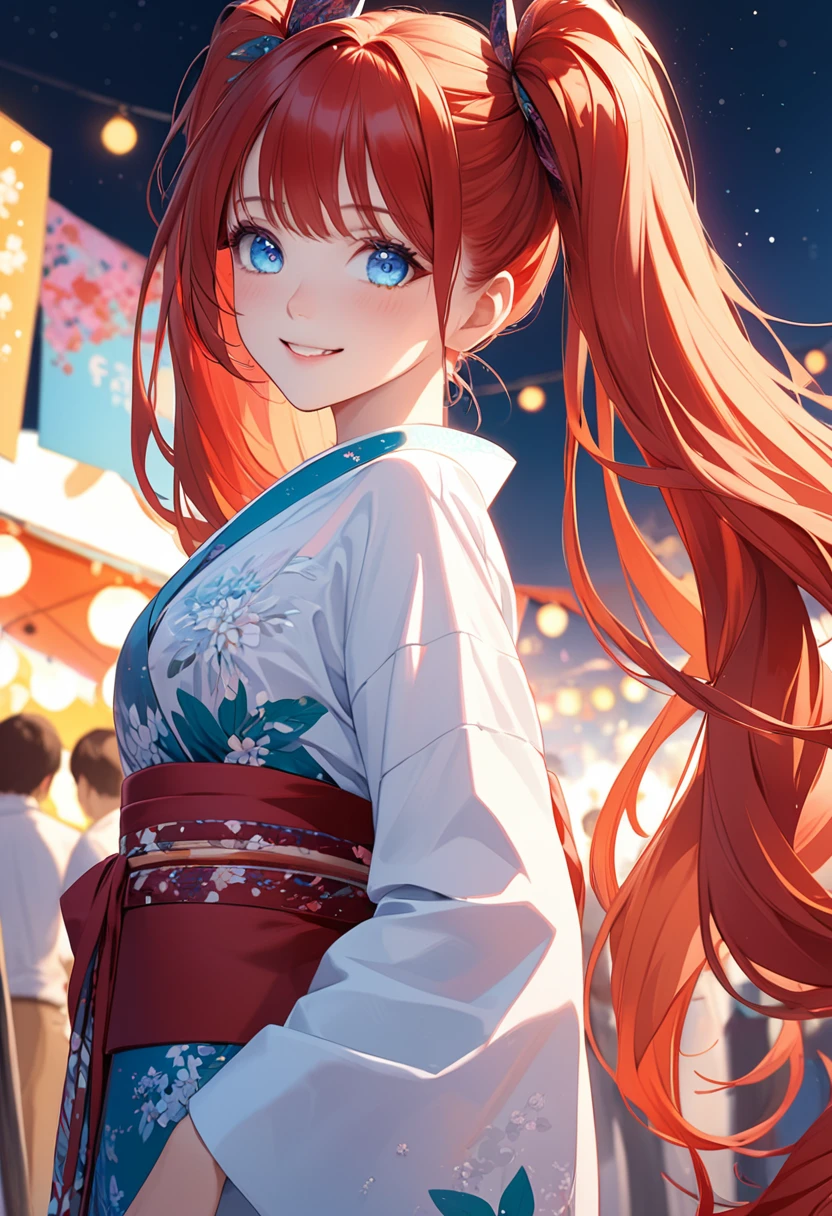 detailed illustration, dynamic angle, ultra-detailed, illustration, 1girl, 18 year old, school girl, twin tails, long red hair, very long hair, white blouse, red tie, medium breasts, looking at camera, from the side, blue eyes, crystal eyes, bright eyes, kimono, at the festival, at night, smiling softly, happy