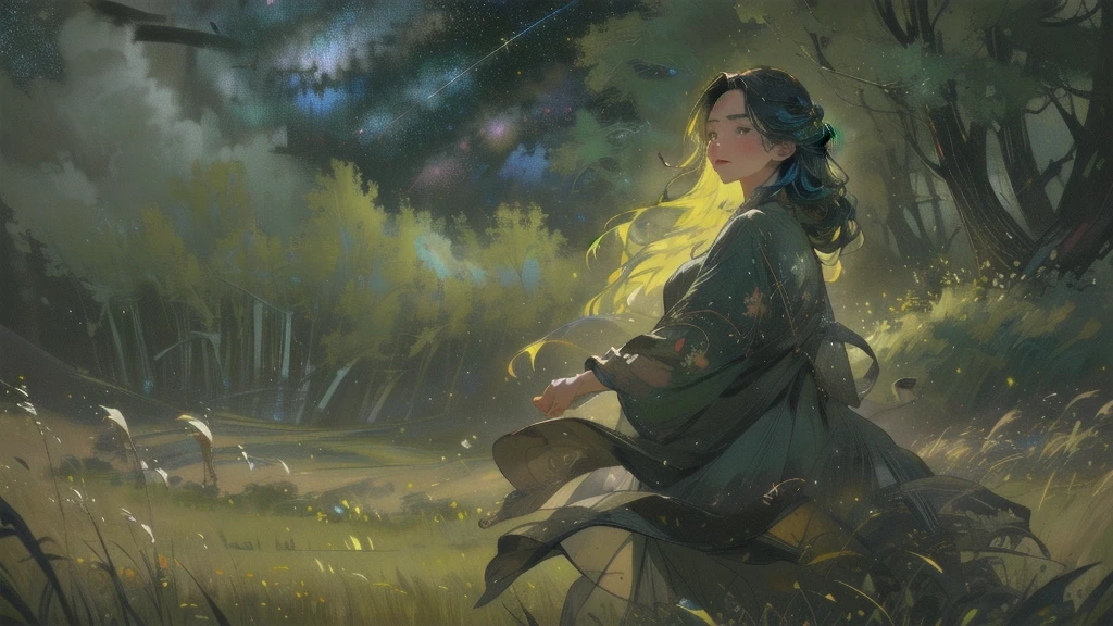 1girl,a field of lush green grass, sparse colorful wildflowers, starry night sky, gentle breeze, detailed foreground, dramatic lighting, cinematic composition, vibrant colors, fantasy landscape, ethereal atmosphere, (best quality,4k,8k,highres,masterpiece:1.2),ultra-detailed,(realistic,photorealistic,photo-realistic:1.37),intricate details,dramatic lighting,vivid colors,cinematic composition,ethereal atmosphere