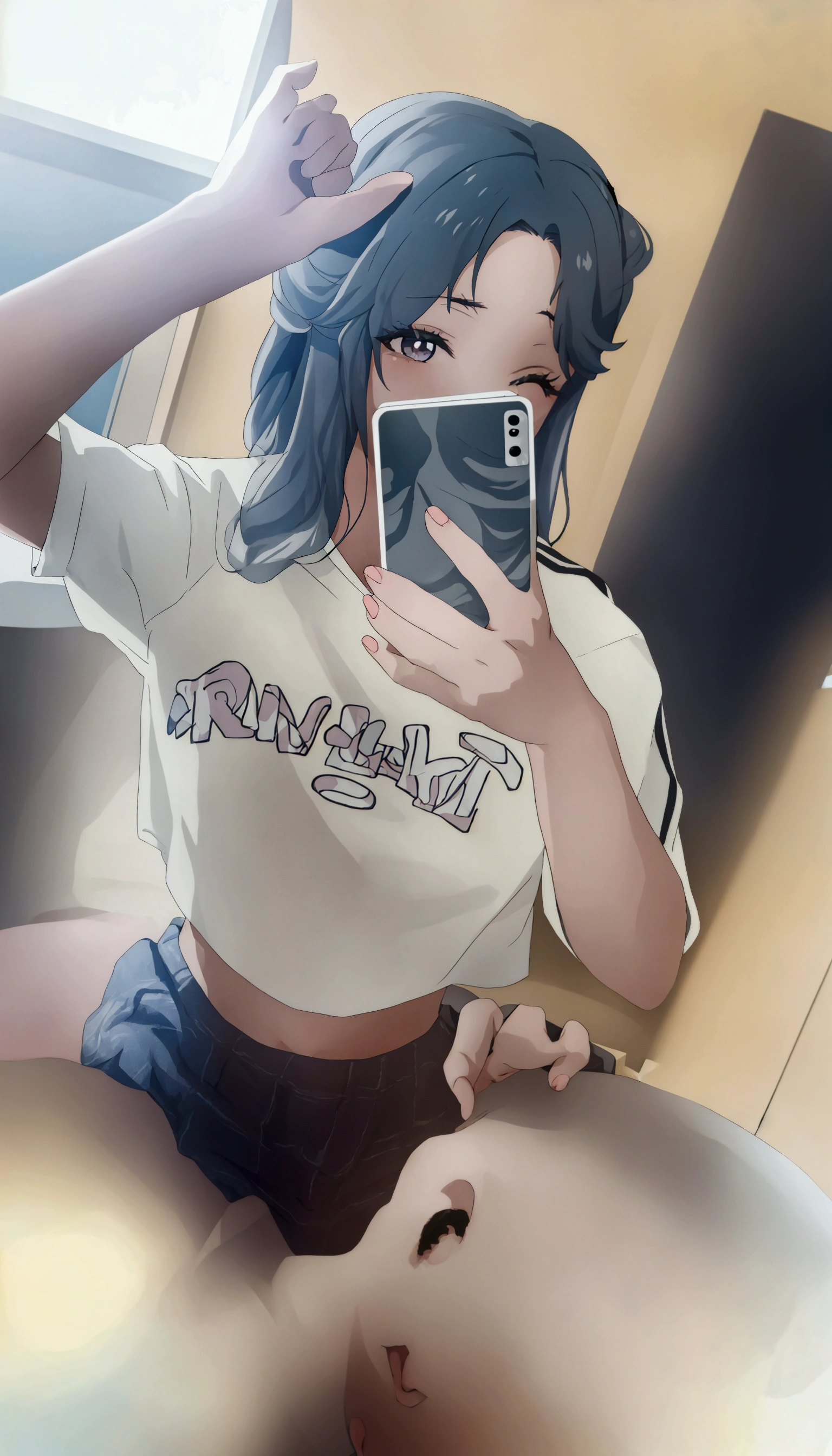 A woman is taking a selfie in the mirror, 破れたクロップT-Shirts, Crop top, 2263539546], Ulzzang, 1 8 is, Low quality photos, 👅 👅, 2 4-year-old female model, T-Shirts, Chiho, Gray hair black hair, 20-year-old, Two 0&#39;s