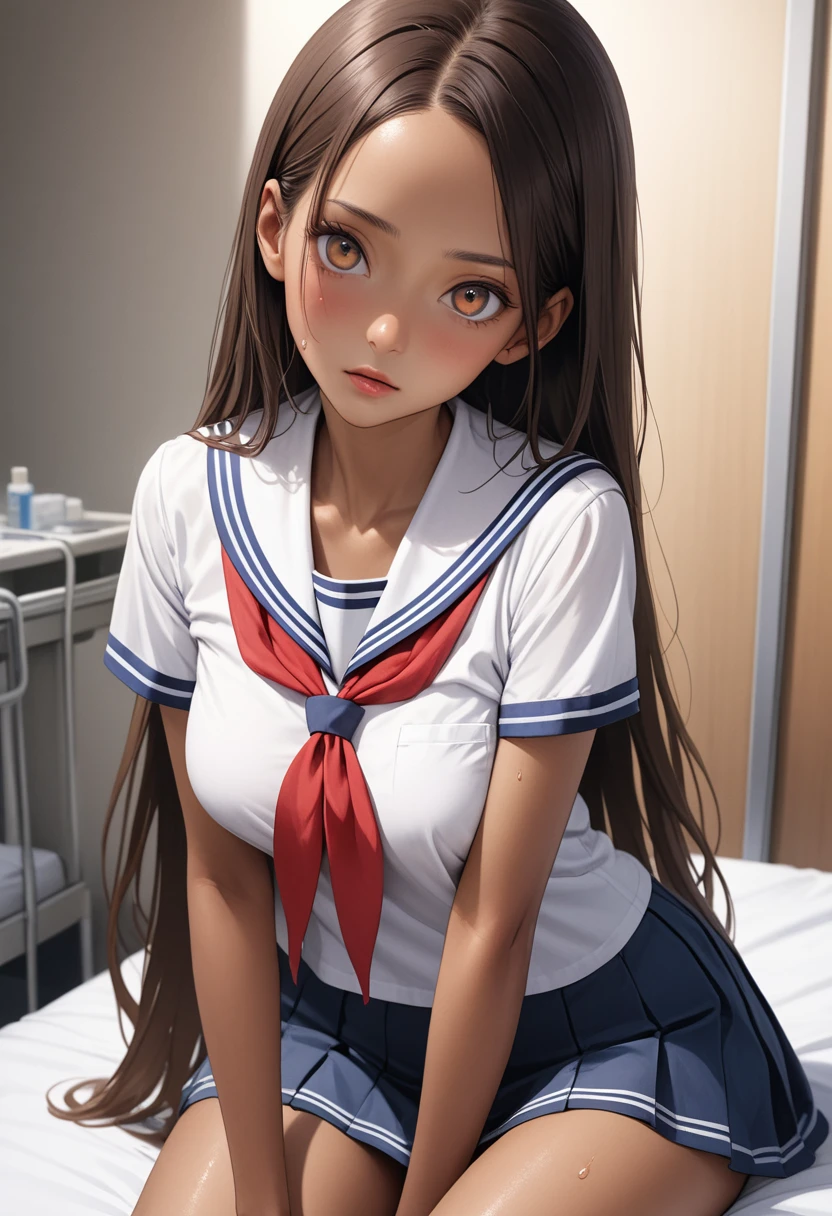 ((masterpiece,Highest quality:1.3,best quality illustration)),realistic,cowboy shot,1woman,(Mature Beauty),((very small head:1.4)),ideal ratio body proportions,brown hair,straight long hair,center parted bangs,gorgeous big eyes,brown eyes,blush、((tan skin,skinny,slender body)),、White short-sleeved sailor uniform、White sailor collar、Red neckerchief、Navy blue pleated mini skirt,medium breasts,gleaming skin,sweat,sitting simple bed、simple hospital room、Tokyo、