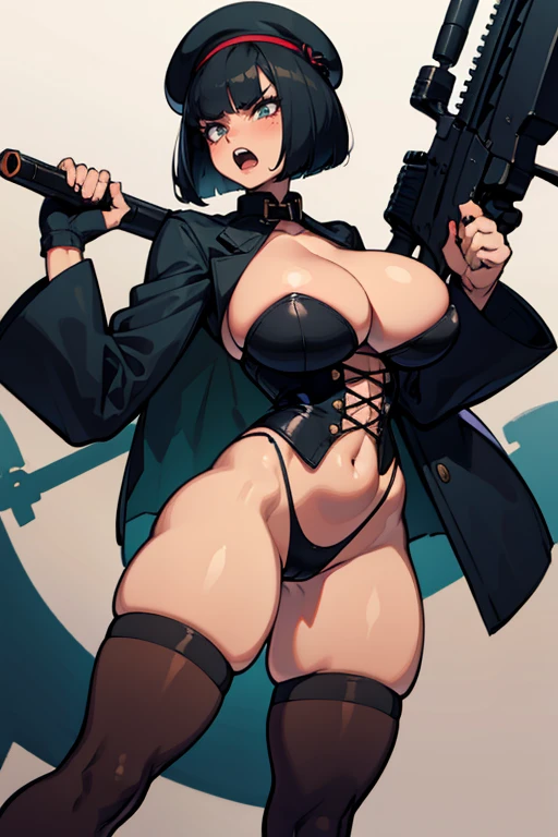 thick hips, thick thighs, platform heels, huge breast, thin waist, bob cut hair, weapon, tanned skin, gun, angry look, scream, thick body, tight stockings, beret,