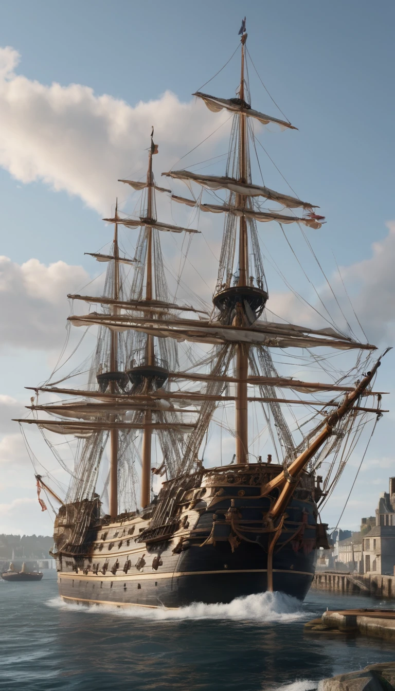 The port of Brest in 1785, The frigates Bussol and Astrolabe are ready to depart., (Realistic:1.2),Very detailed, 8k, masterpiece, (Complex details 1.2)