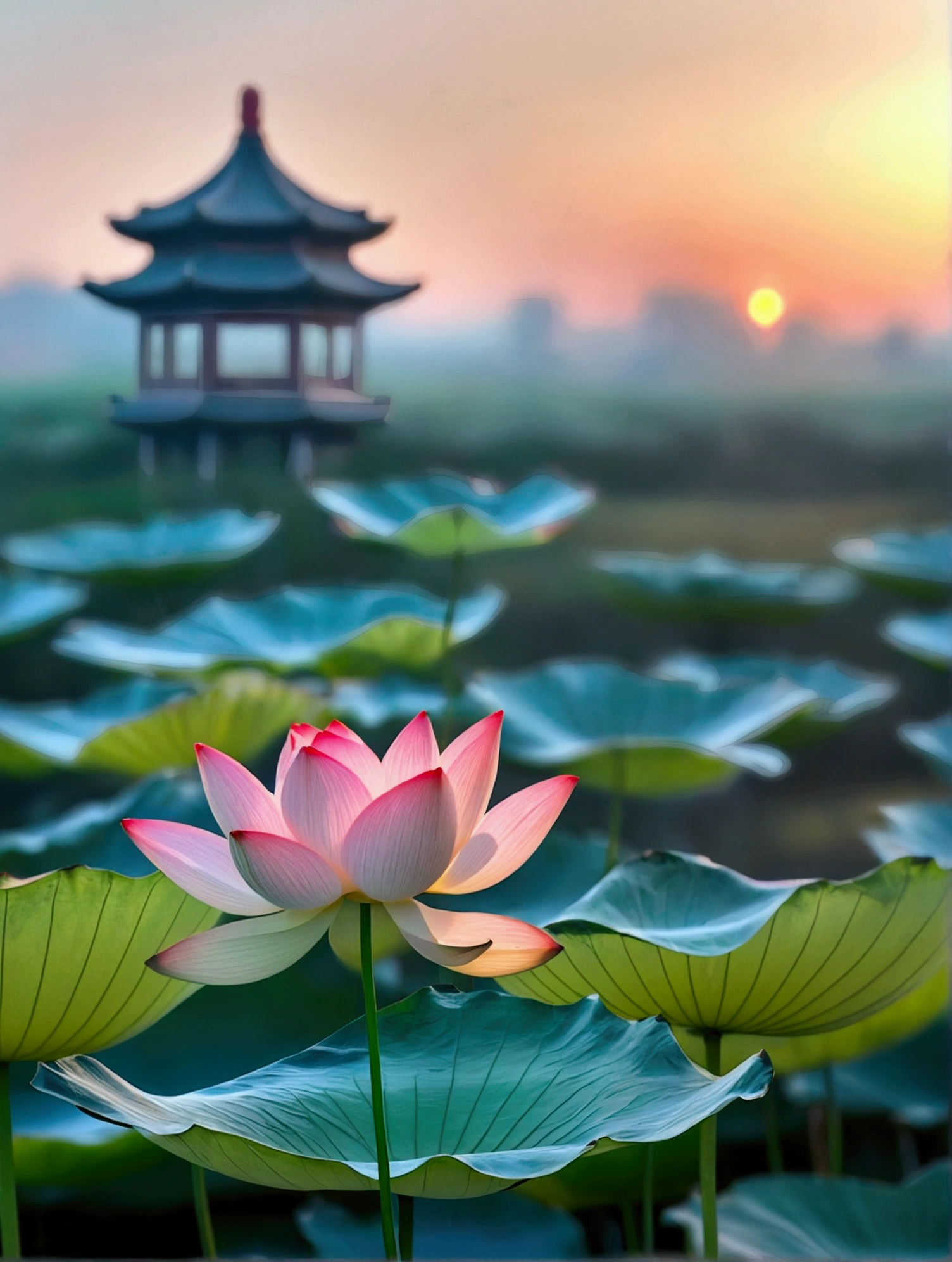 There is a Chinese-style building behind the small lotus，There is a beautiful sunset，Real photography,nature，best quality, high resolution, 16K
