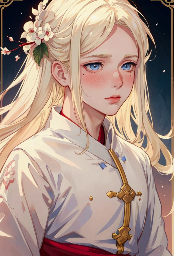 beautiful young man with long blonde hair, light blue eyes, delicate features of the face, cherry lips, White skin, slim build, mole under the cheek, blush on her cheeks, ashamed, martial arts cultivator style clothing. Light colors.