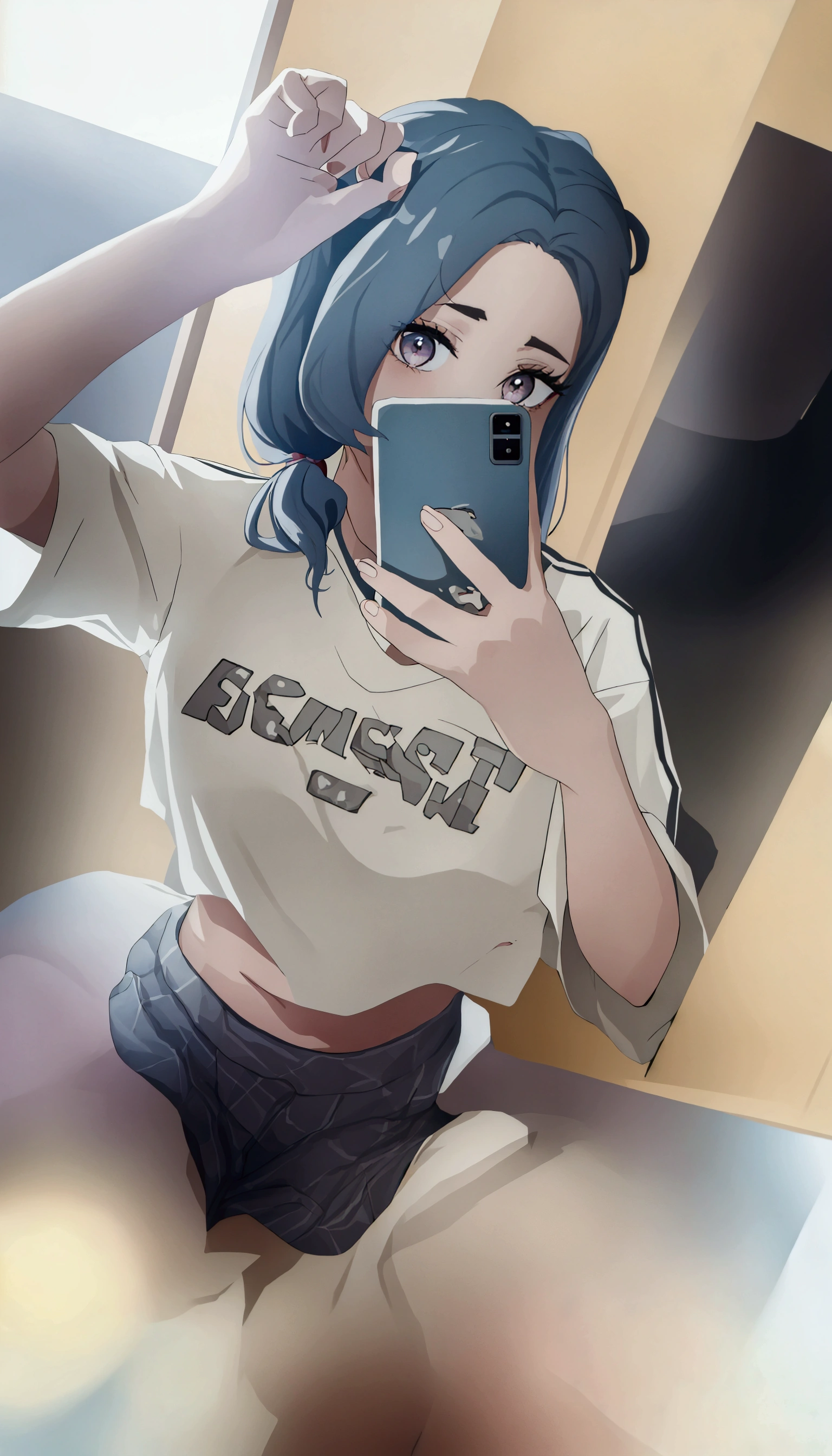 A woman is taking a selfie in the mirror, 破れたクロップT-Shirts, Crop top, 2263539546], Ulzzang, 1 8 is, Low quality photos, 👅 👅, 2 4-year-old female model, T-Shirts, Chiho, Gray hair black hair, 20-year-old, Two 0&#39;s