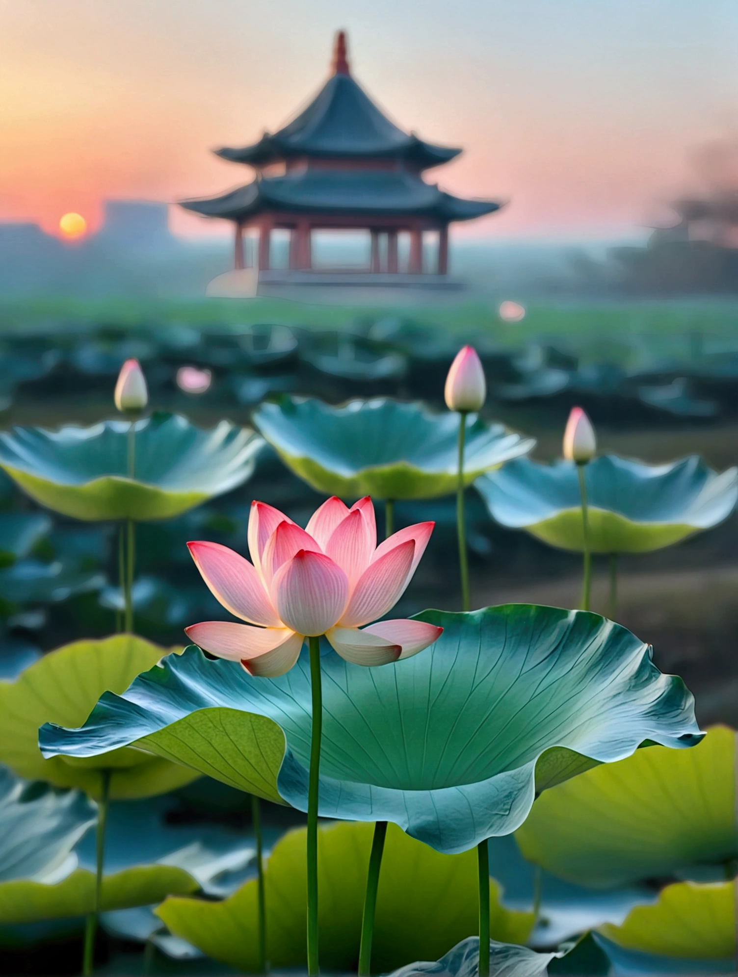There is a Chinese-style building behind the small lotus，There is a beautiful sunset，Real photography,nature，best quality, high resolution, 16K

