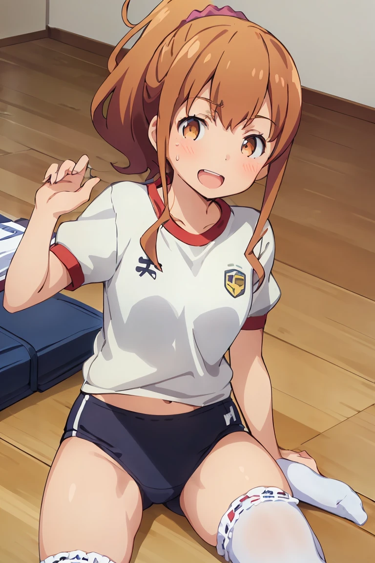 Highest quality, (masterpiece:1.2), Very detailed,

Megumi Kamino,
1 girl, Looking at the audience, Open your mouth, smile, teeth,
Brown Hair, ponytail, Brown eyes, Scrunchie, Heart Necklace,Long white socks,
,(((Black bloomers, School, Gym shirt, White T-shirt, Gym suit, Photo of girl in wooden floor School gym room))),Bloomers are bikini type ,Dynamic Angle ,Sweat,Lie in 