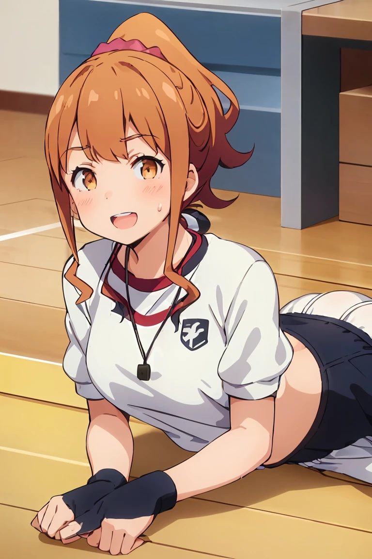 Highest quality, (masterpiece:1.2), Very detailed,

Megumi Kamino,
1 girl, Looking at the audience, Open your mouth, smile, teeth,
Brown Hair, ponytail, Brown eyes, Scrunchie, Heart Necklace,Long white socks,
,(((Black bloomers, School, Gym shirt, White T-shirt, Gym suit, Photo of girl in wooden floor School gym room))),Bloomers are bikini type ,Dynamic Angle ,Sweat,Lie in 