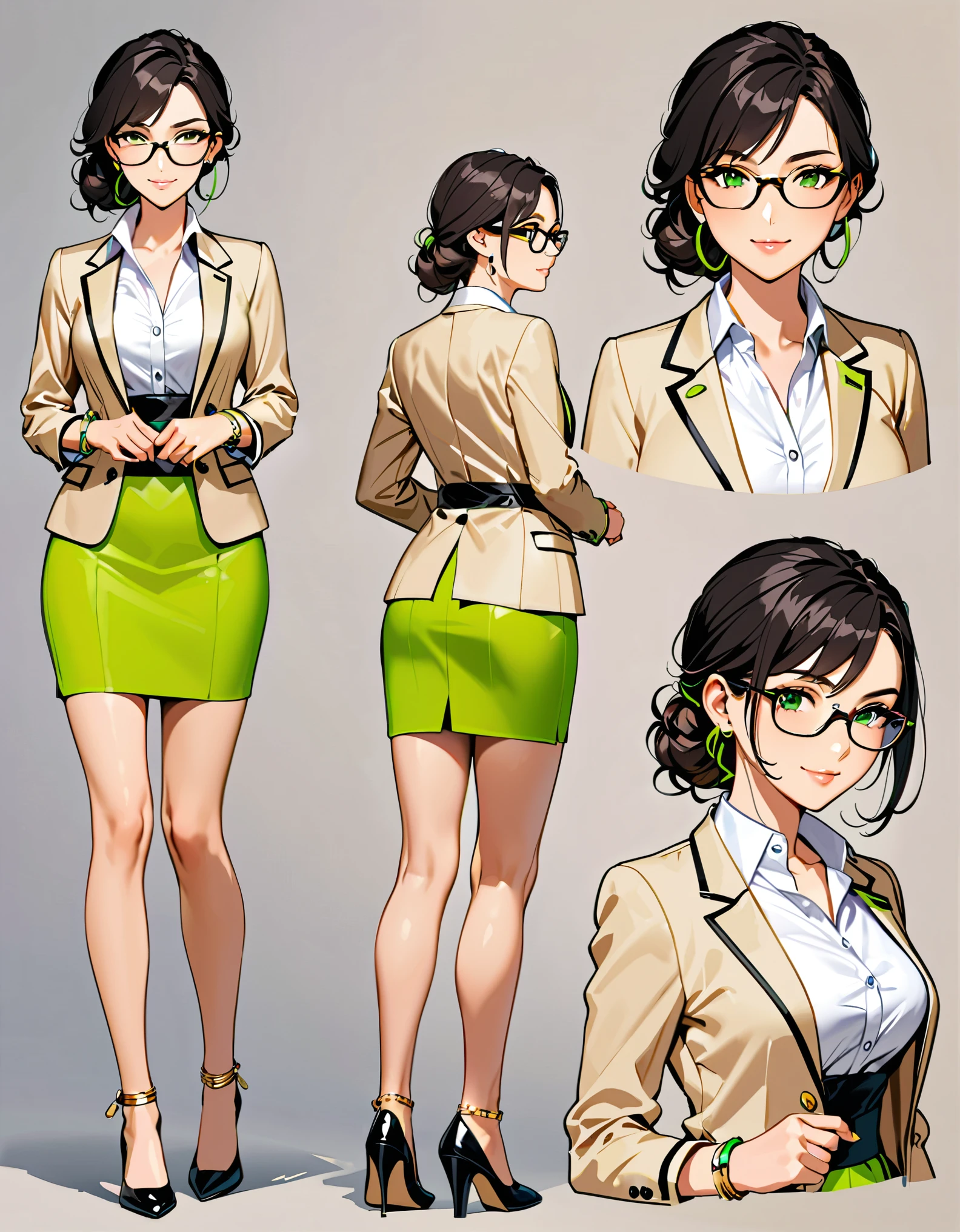 (masterpiece), (best quality), (hires), highly detailed, professional, 1lady, mature lady, tall body, jet black hair, short hair, (tied up hair), green eyes, (glasses), beautiful detailed eyes, beautiful detailed face, (beige suit, open jacket), white dress shirt, open collar, (medium lime green pencil skirt), (perfect hands, complete fingers), (gold bracelets), bare legs, solo, solo focus, full body with costume, semi-realistic, friendly. Simple background, Multiple Views, Character Sheet Full-Length.
