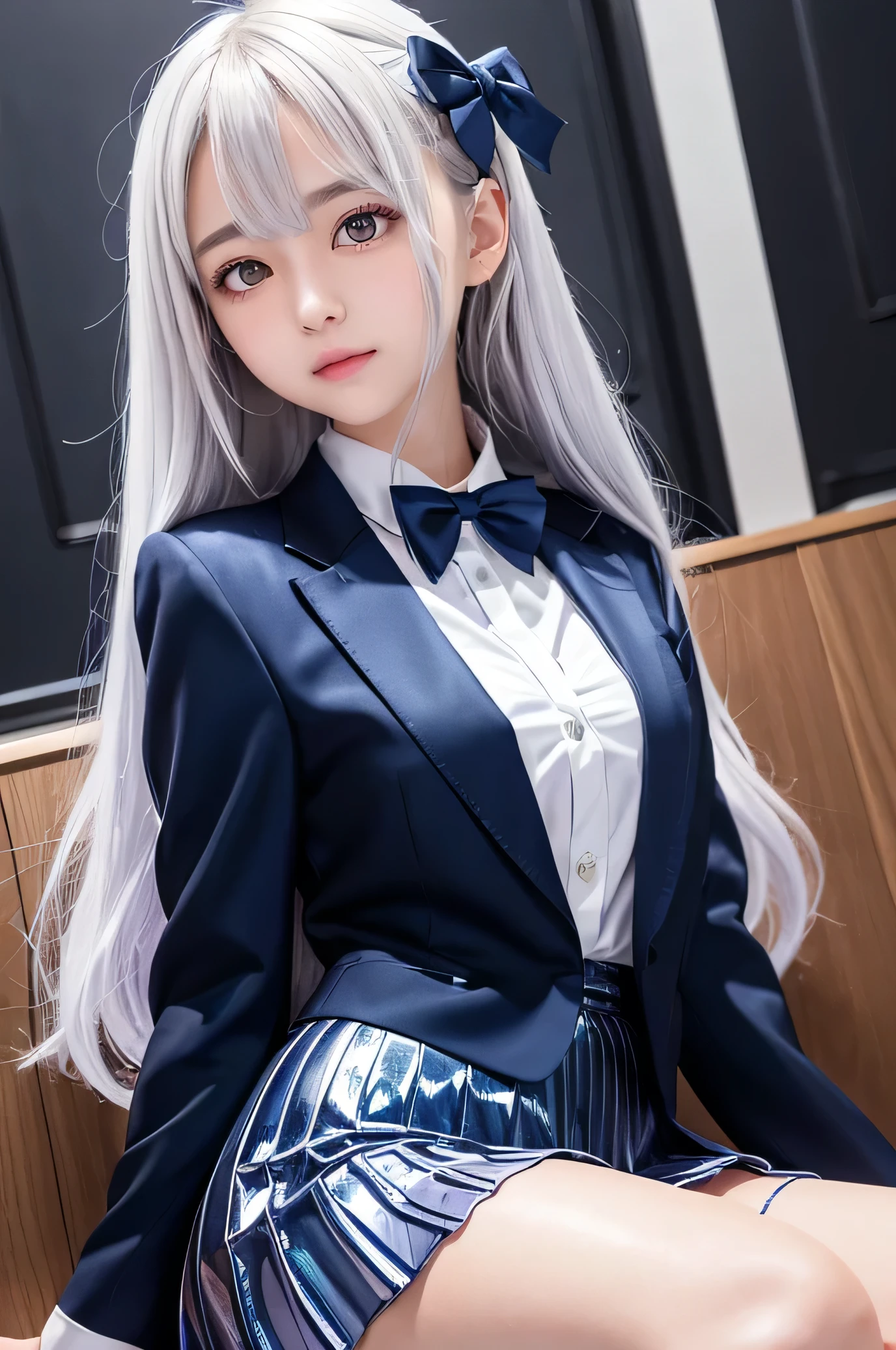 very cute moe face, the cutest moe girl, (sparkling clear attractive large glowing eyes), super smooth and very silky hair, white fair skin, 14 yo, (super shiny metallic dark blue blazer:1),metallic pearl white school blouse,(shiny metallic pink neck bow tie:1),(super shiny metallic dark blue pleated skirt :1)