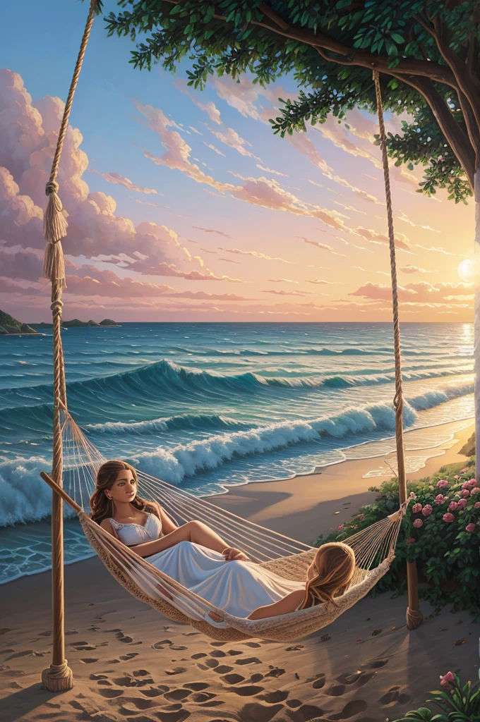 painting of a seaside , beautiful swing, pillow on hammock,, destination, romantic,roses,sand, ocean waves,dusk,beautiful art uhd 4 k, a beautiful artwork illustration, beautiful digital painting, highly detailed digital painting, beautiful digital artwork, detailed painting 4 k, very detailed digital painting, rich picturesque colors, gorgeous digital painting