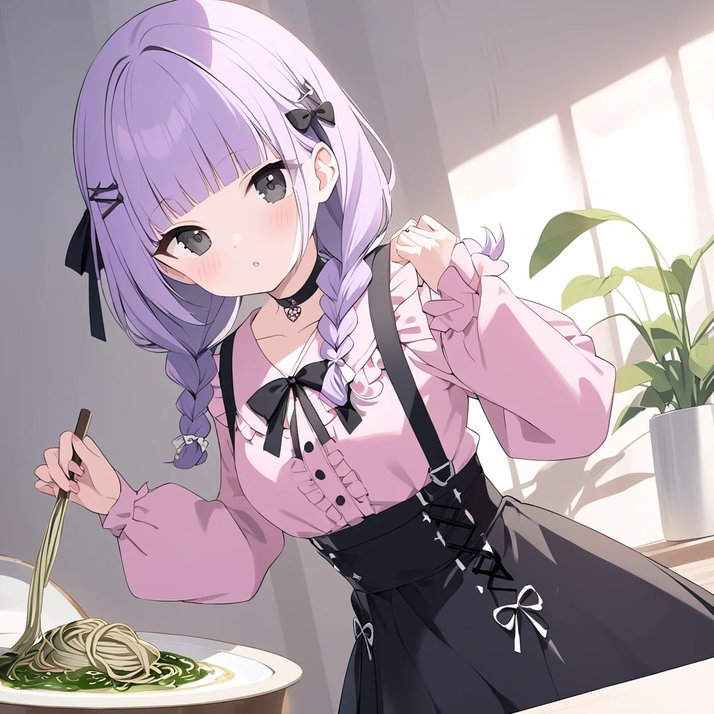 (Cute a girl:1.5), (a girl with closs hair pin, pale purple hair, wavy two braids, blunt bangs hair, green and black eyes, closs hair pin, pink shirt, cosplay, jirai kei, bangs, black skirt, black bow, looking at viewer, bow, long sleeves, choker, ribbon:1.4), anime visual, (tilt head:1.3), realistic lighting and shading, (an extremely delicate and beautiful art:1.3), A girl eating soba noodles,