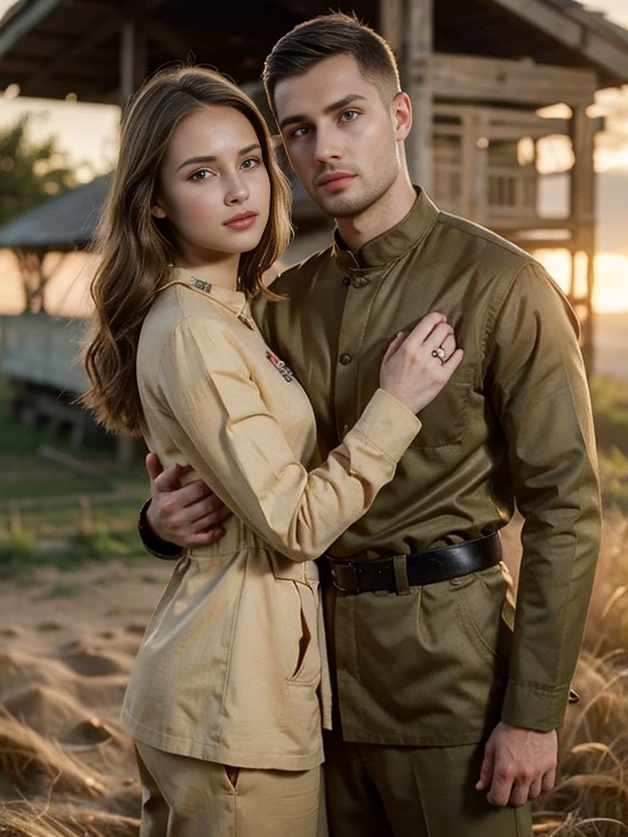 Front view, 1941 years, June, WW 2, looking face to face, (Russian 1 boy and Russian 1 girl is existence), be drafted into the army, (couple is love), standing, ((couple is hug, face to face)), girl is crying tear drop, The setting is a rural village during a festival, with people engaging in traditional activities and celebrating their heritage, sunset, (foreshortening, highness, forehead-to-forehead, Canon, textured skin, 8K, anatomically correct, super detail, high details ,female gold hair,  male gold hair and buzz cut, khaki shirt and pant