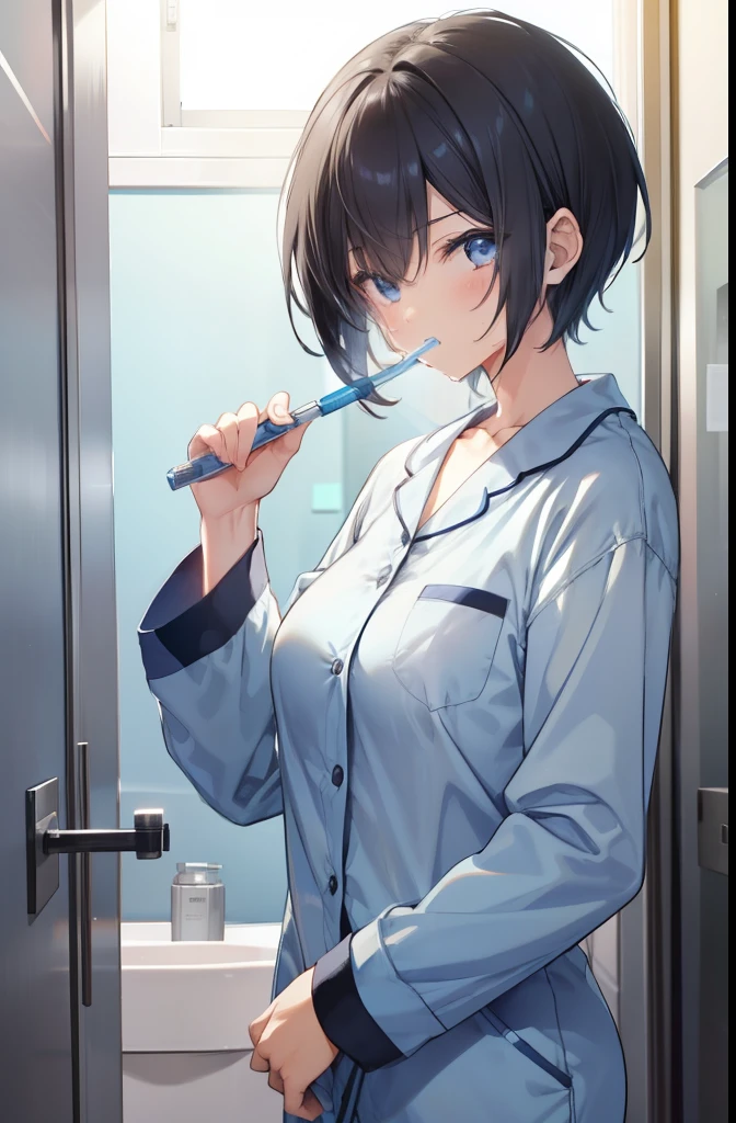 Girl brushing her teeth in the bathroom 1,boyish,Very short hair,Black Hair,Light blue pajamas,Looks sleepy,Large Breasts,