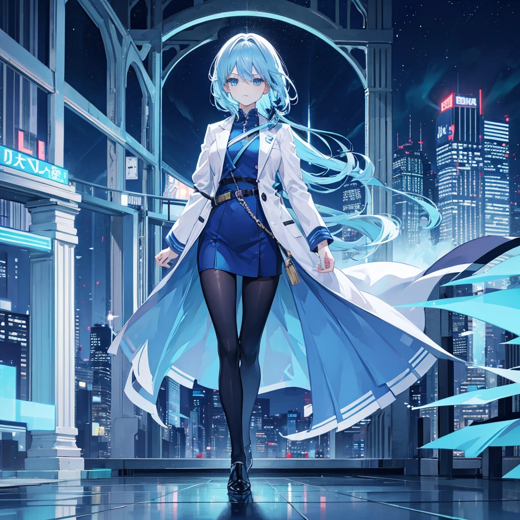 1 woman,light blue hair,blue eyes,blue clothes, looking at viewer,full body photo, night city background