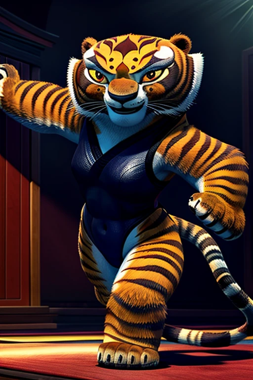 A detailed, muscular Tigress from Kung Fu Panda in a DreamWorks animated style, a girl with a 3:1 hip to leg ratio wearing a leotard, dynamic pose, bright bedroom setting, extremely detailed facial features, bright cinematic lighting, photorealistic, 8K, hyper detailed, masterpiece