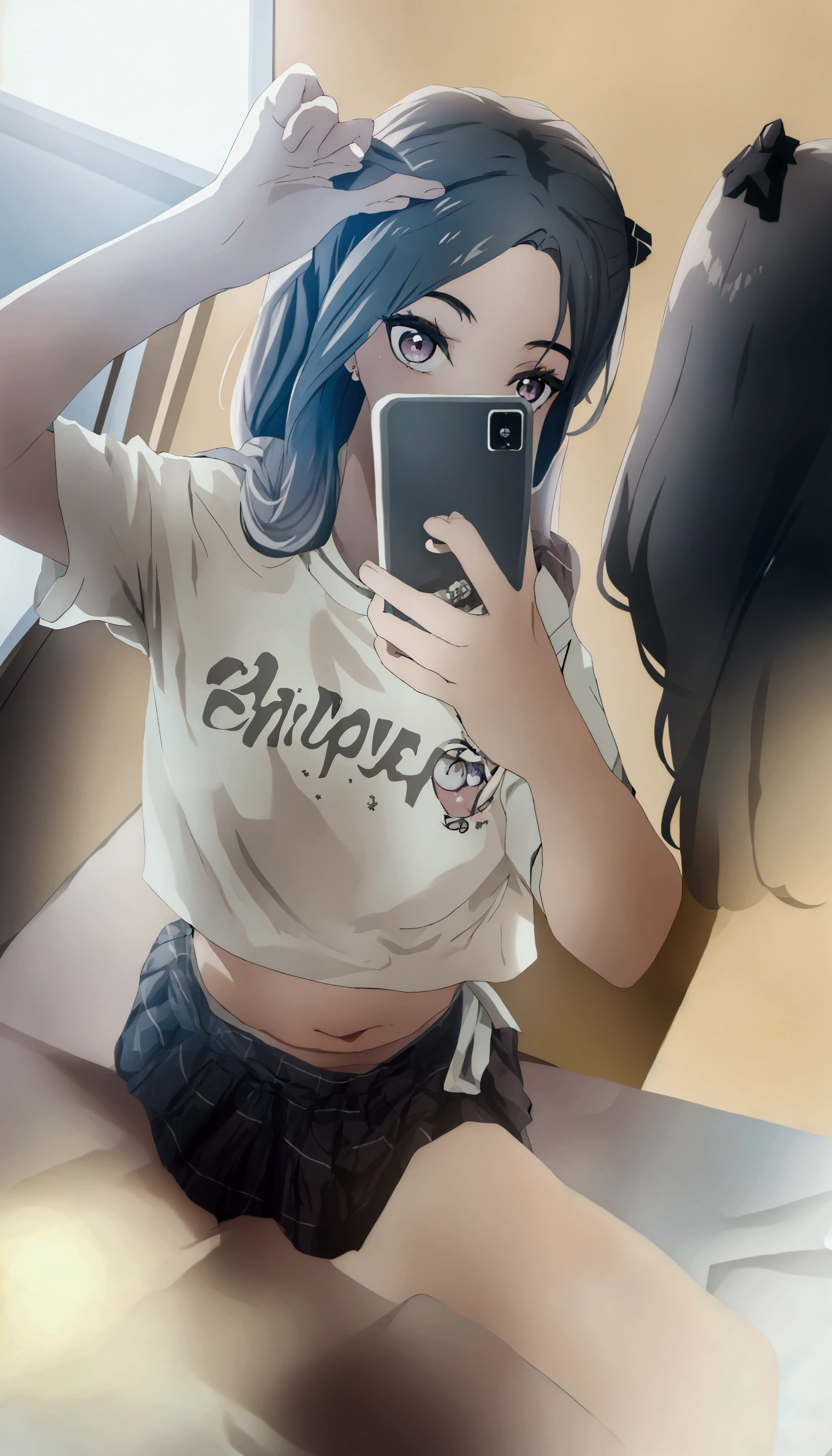 A woman is taking a selfie in the mirror, 破れたクロップT-Shirts, Crop top, 2263539546], Ulzzang, 1 8 is, Low quality photos, 👅 👅, 2 4-year-old female model, T-Shirts, Chiho, Gray hair black hair, 20-year-old, Two 0&#39;s