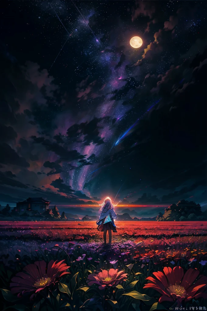 Wide-ranging landscape photography, (Bottom view,Above is the sky,Open countryside below),(Full Moon: 1.2), (meteor: 0.9), (nebula : 1.3), Distant Mountains, BREAK tree making art, (Warm light source: 1.2), (firefly: 1.2), lamp, Lots of purple and orange, Intricate details, Volumetric Lighting, Breaking Realism (masterpiece: 1.2) , (best quality), 4K, Extremely detailed, (Dynamic Synthesis: 1.4), Very detailed, Colorful Detailed, (Rainbow Colors: 1.2), (明亮的lamp光, Atmospheric lighting), Dreamy, magic, (Solitary: 1.2)