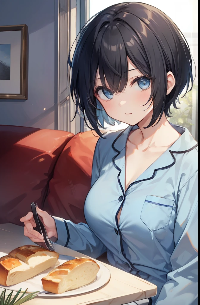 Girl eating bread at the living room table 1,boyish,Very short hair,Black Hair,Light blue pajamas,Large Breasts,