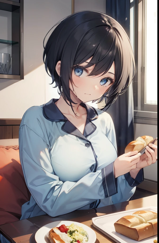 Girl eating bread at the living room table 1,boyish,Very short hair,Black Hair,Light blue pajamas,Large Breasts,