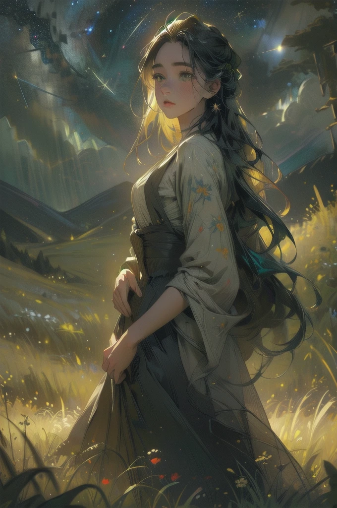 1girl,a field of lush green grass, sparse colorful wildflowers, starry night sky, gentle breeze, detailed foreground, dramatic lighting, cinematic composition, vibrant colors, fantasy landscape, ethereal atmosphere, (best quality,4k,8k,highres,masterpiece:1.2),ultra-detailed,(realistic,photorealistic,photo-realistic:1.37),intricate details,dramatic lighting,vivid colors,cinematic composition,ethereal atmosphere
