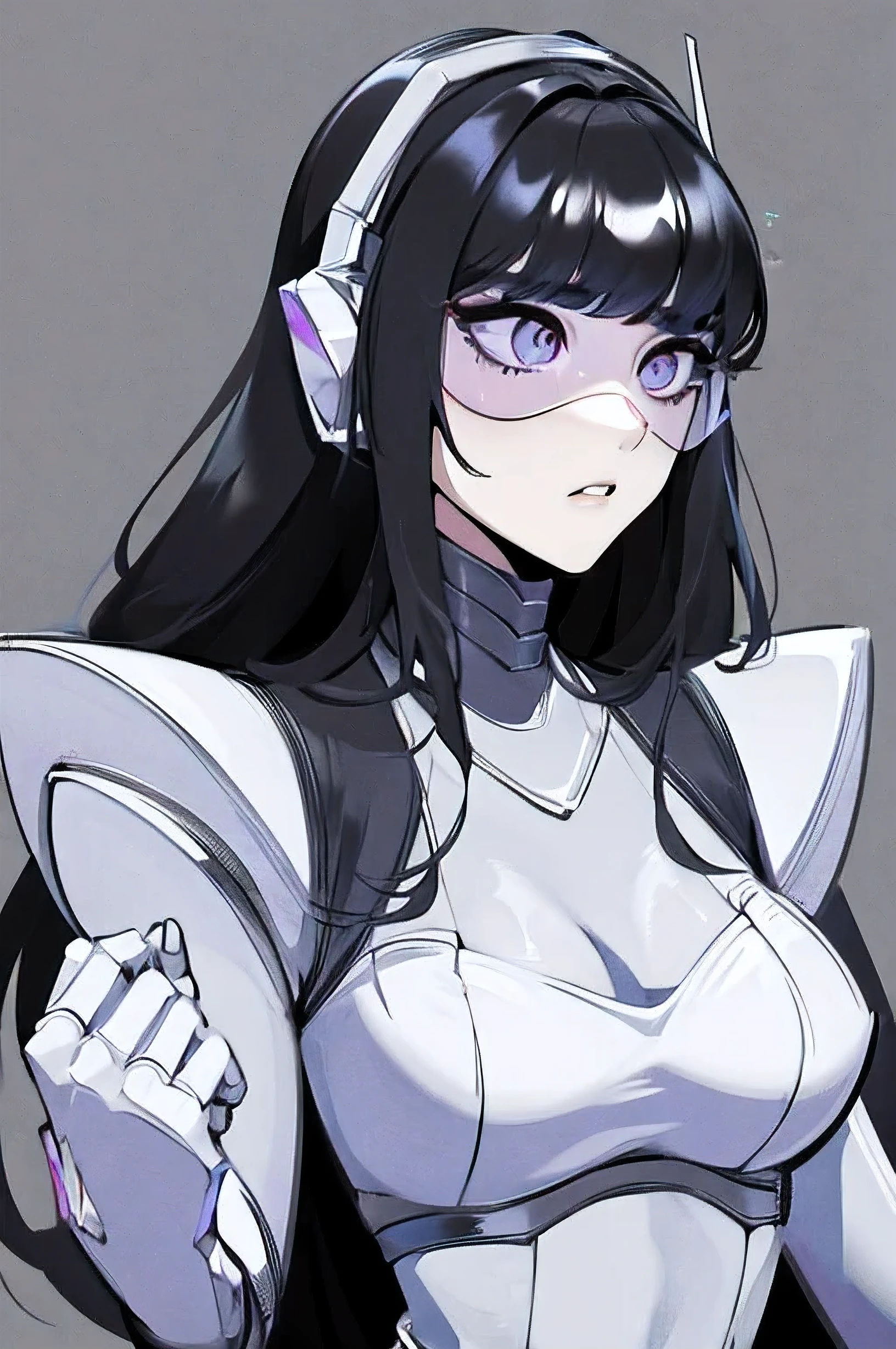 empty eyes,robotized woman ,big bust,Robot Joint ,Metal skin,Black suit,long hair