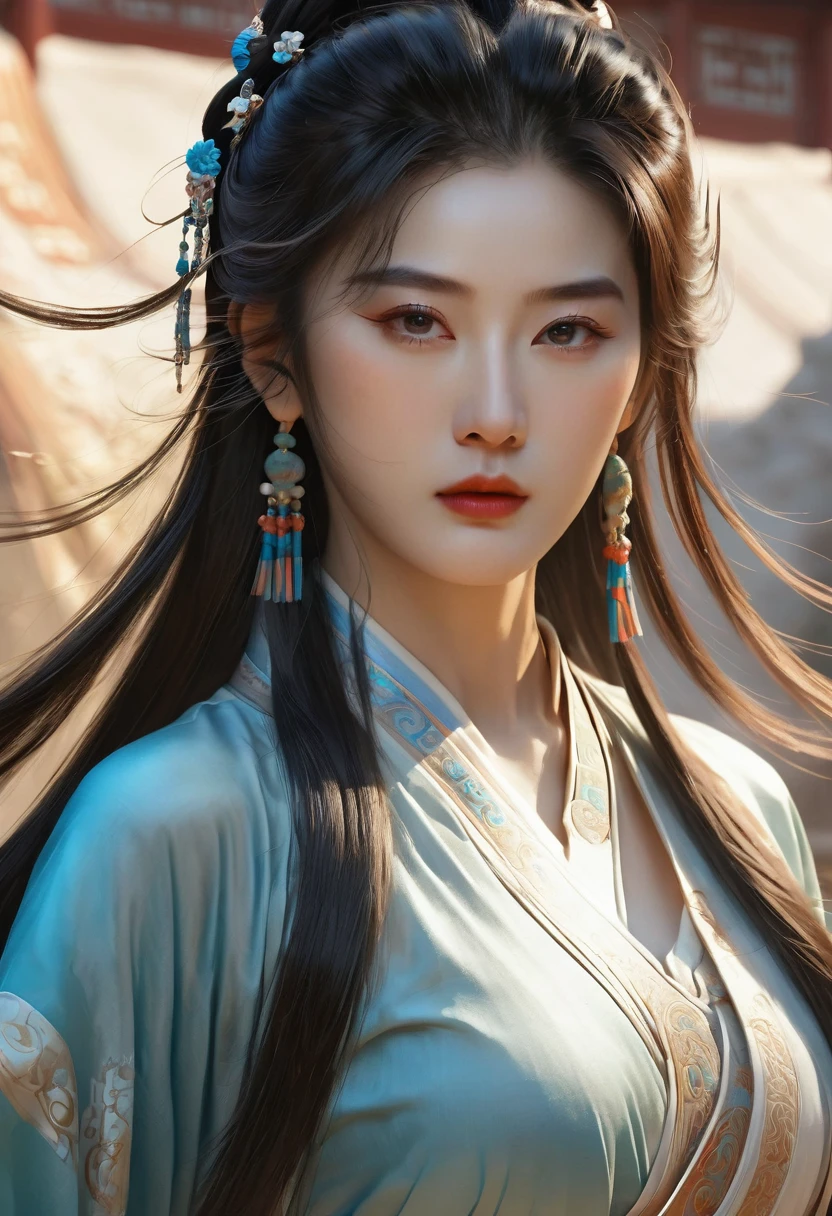 (RAW photo, best quality), (realistic, photo-realistic:1.3),best quality,highly detailed,masterpiece,ultra-detailed,illustration,1girl,upper_body,dynamic angle,world masterpiece theater,messy_long_hair,best quality,extremely detailed CG unity 8k wallpaper,ink,Amazing,cinematic lighting,lens_flare, dunhuang_style