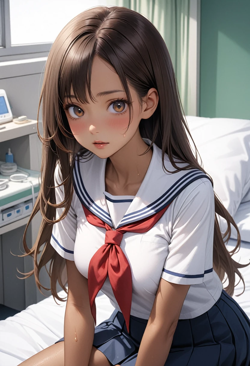 ((masterpiece,Highest quality:1.3,best quality illustration)),realistic,cowboy shot,1woman,(Mature Beauty),((very small head:1.4)),ideal ratio body proportions,brown hair,straight long hair,center parted bangs,gorgeous big eyes,brown eyes,blush、((tan skin,skinny,slender body)),、White short-sleeved sailor uniform、White sailor collar、Red neckerchief、Navy blue pleated mini skirt,medium breasts,gleaming skin,sweat,sitting simple bed、simple hospital room、Tokyo、