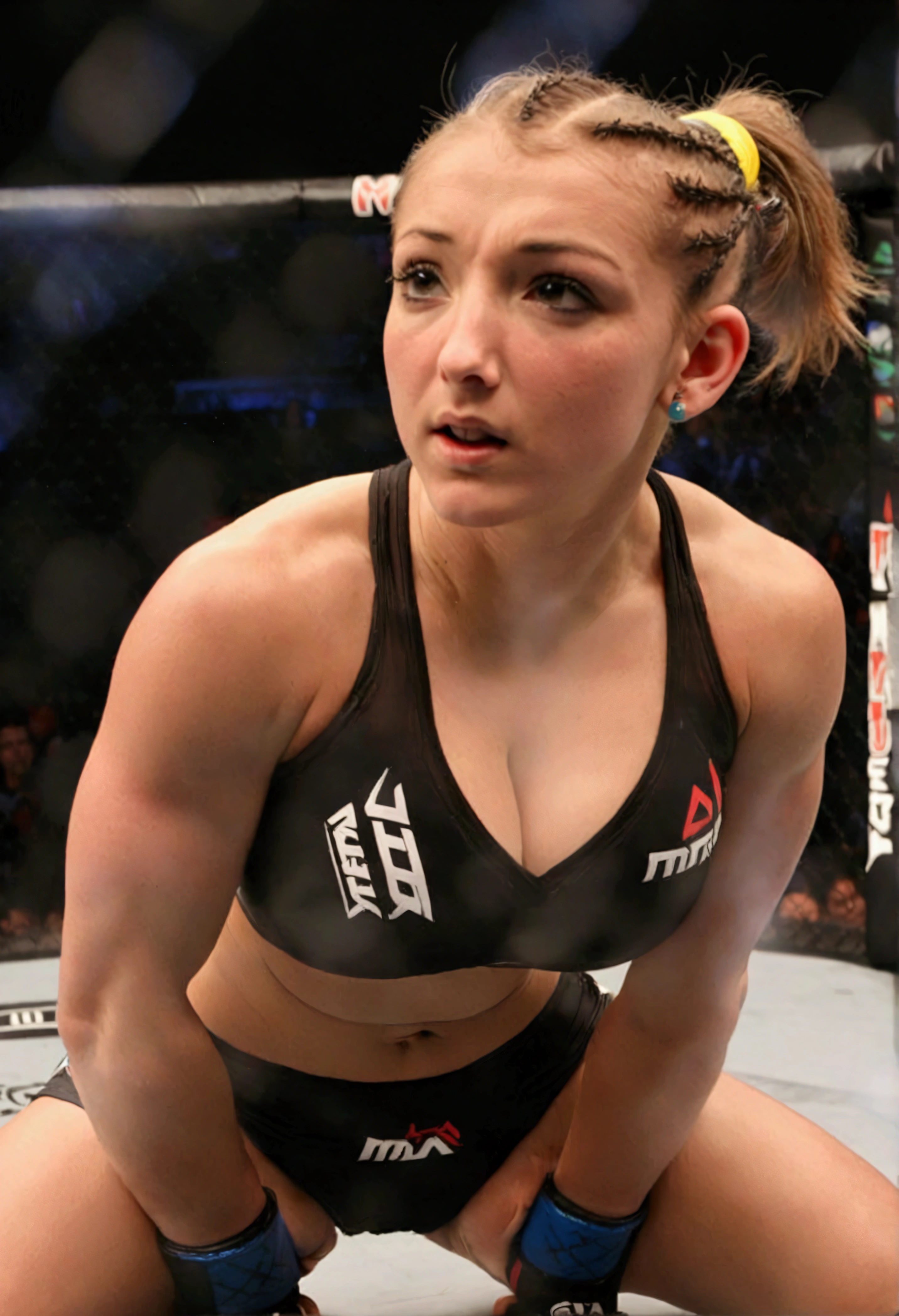 a beautiful young woman, athletic, with her hair tied up in a tight bun, wearing brightly colored MMA fighting gear, standing in an octagon fighting ring, viewed from a low angle outside the ring, masterpiece, (best quality, 4k, 8k, highres, ultra-detailed, realistic, photorealistic:1.37), professional studio lighting, physically-based rendering, extremely detailed description, vivid colors, sharp focus, octagon MMA fighting ring, athletic woman MMA fighter, tight bun hairstyle, colorful MMA outfit, low angle outside the ring, dynamic action pose