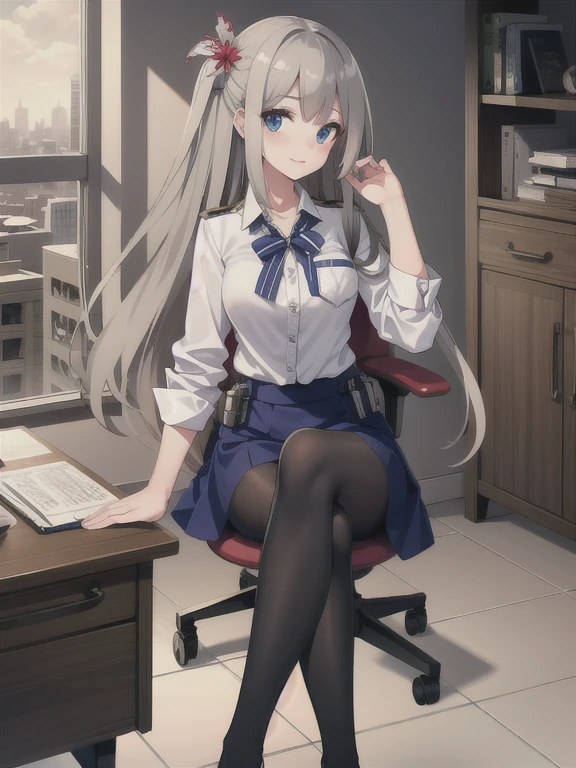 lexington (warship girls r), (((Best quality))),((Ultra-detailed)),((illustration)),((Disheveled hair)),((frilld)),(1 girl),(Solo),crossed_legs,desk,foot_focus,foreshortening,from_below,hand_on_own_face,head_rest,looking_at_viewer,on_desk,sitting,sitting_on_desk,tile_floor,rating:safe,gray_hair,blue_eyes,