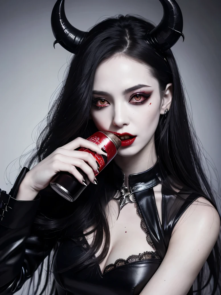 Vampire　Succubus　One woman　Drinking a can of juice　Red eyes　Fangs protruding from a long mouth　White skin　Goth Makeup　Devil&#39;s Wings　Devil horns　dark　Gothic　Bondage　Garterbeld　Sharp Claws　Very detailed　high quality　Background of the old castle　horor　retro　Backlight　dark　Cinematic Lighting　High resolution 16K close up of skin between the legs。Skin texture must be natural、The detail must be such that the pores are clearly visible.、The skin is healthy、Even Tone、Use natural light and colors、High quality photos taken in-house by a model agency photographer、smile、(((SIGMA 300 mm F/1.4、1/1000 sec shutter、ISO 400)))