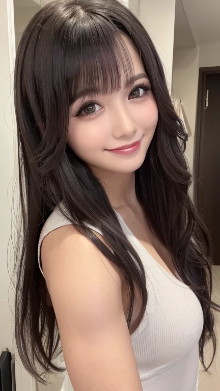 ((Selfie 1.6))((Smile 1.6))、front、Close-up face、Wavy Hair⦅Looking into the camera⦆Black-haired、With bangs、Highest quality, Masseter muscle area, Ultra-high resolution, (Realistic:1.4), RAW Photos, high resolution, High definition, masterpiece、18-year-old girl、In the apartment