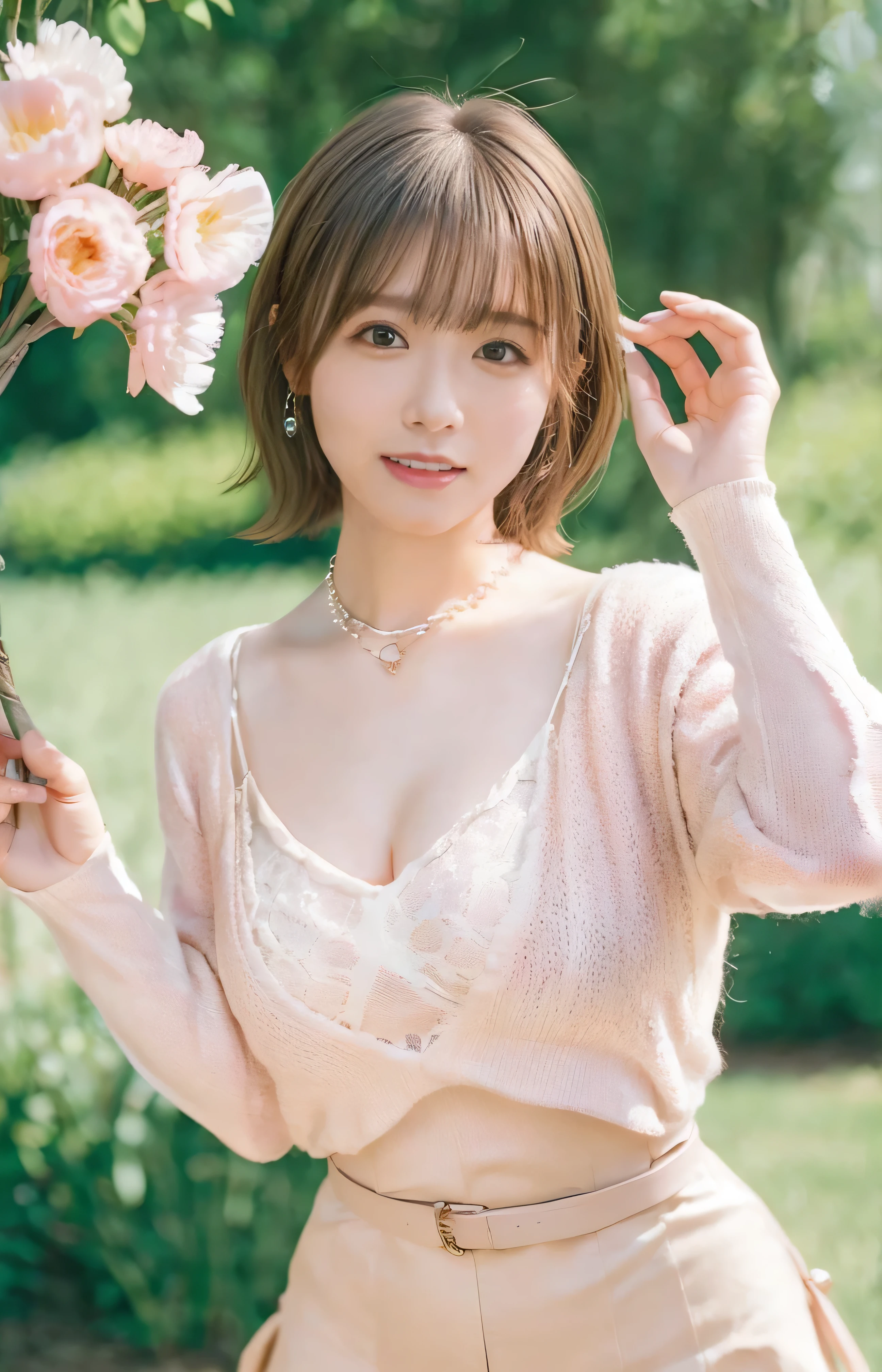 Pink carnations in full bloom、Colorful flowers bloom in the background、Outdoor Photography、Lens flare、((Loose perm、laugh、Shiny Hair、Light coming from behind、Beige Hair、Elegant hairstyle、Curved waist、Do not show cleavage、Beige summer knitwear、Cute Mini Skirt、Loose perm、belt、Large Breasts:1.4.))、Medium Short Hair、Silver necklace and small silver earrings :1.4))、Full body photo、Toothy smile、 Caustics、Highly detailed photos、Very beautiful woman 、Ample breasts、No makeup、(8k、RAW Photos、Highest quality、masterpiece:1.2)、(Realistic、Realistic)、1 girl、((Medium Short Hair、Blur the background、Looking into the camera:1.4))、