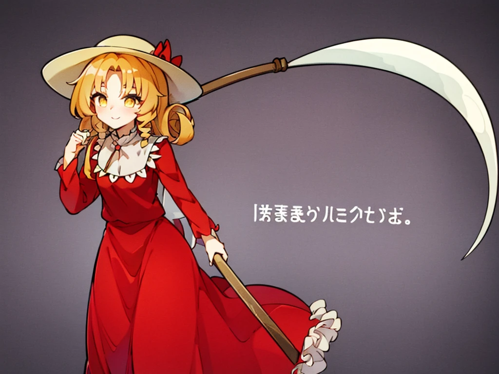 a drawing of an anime character in a red dress and boots with a large scythe, ((high end)), (UHD picture), (best quality,4k,8k,highres,masterpiece:1.2), top-quality(masterpiece), top-quality, ultra-detailed, highly detailed texture, intricate details, high quality textures, masterpiece, best quality, perfect quality, perfect anatomy, perfect body, perfect symmetrical face, 1 beautiful girl, 1 girl, alone, solo, , 10 years old, (((loli))), ((childish)), hat, white hat, blonde hair, long hair, parted bangs, drill hair, well-formed face, yellow eyes, maxi dress, red dress, dress, long sleeves, frills, long skirt, simple background, scythe, holding scythe, holding, white socks, smile, cute face, beautiful, holding scythe, from behind, to lift up one’s skirt, cowboy shot, from front, standing , raise one leg, crossed arms, arms up behind, arms behind back, hand between legs, put hands hip, one hand on hip, forward hands, arms raised in the air, punch hands, peace sign, waving, put up index finger, sit, lie down, closed eyes, lie face down, looking back, put one hand chest, leaning forward, cleavage, close up, horizontally outstretched arms, horizontally outstretched legs, front view, front face, huge breasts for short stature, cleavage is clearly visible ,G-Cup, heart hands