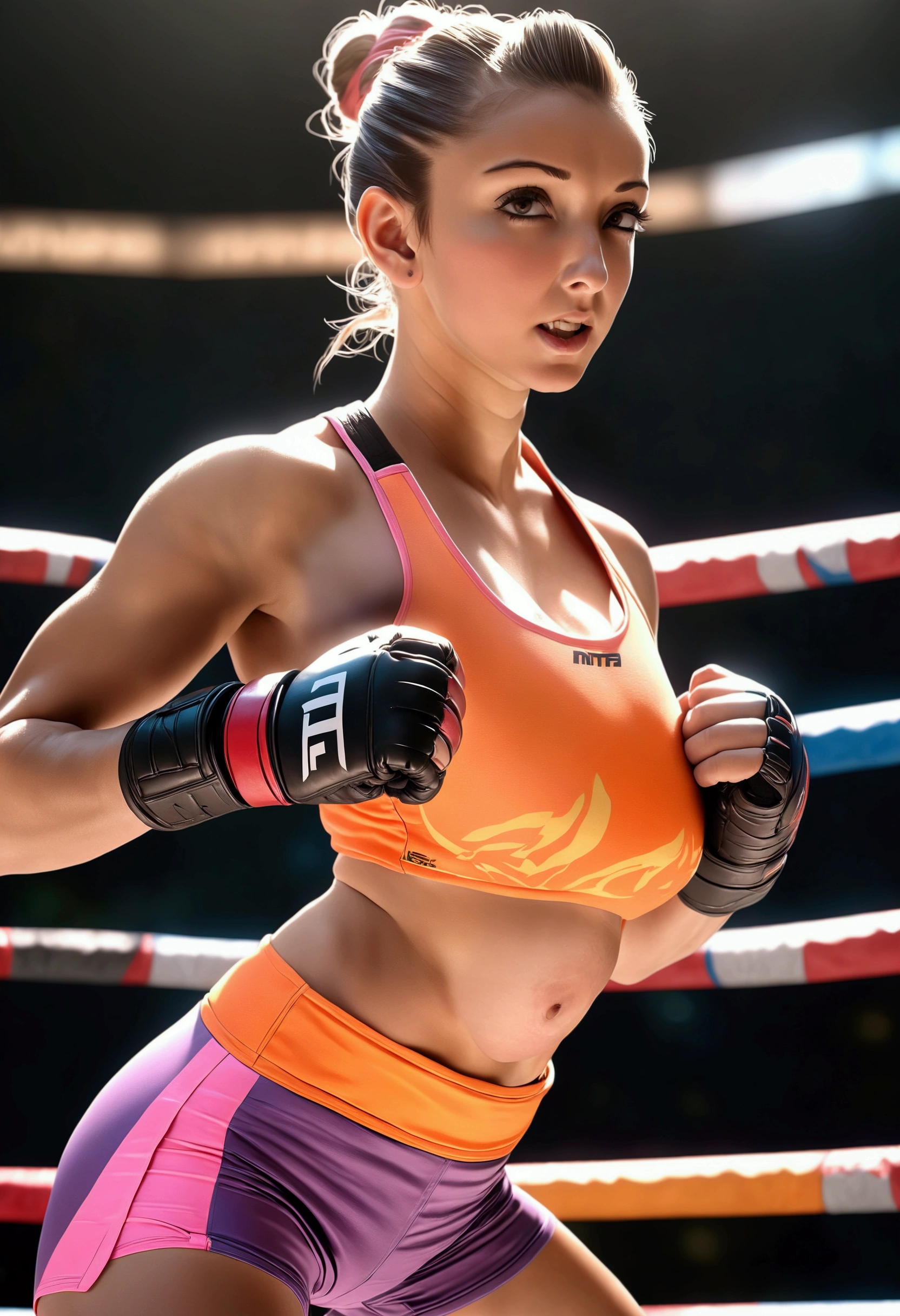 a beautiful young woman, athletic, with her hair tied up in a tight bun, wearing brightly colored MMA fighting gear, standing in an octagon fighting ring, viewed from a low angle outside the ring, masterpiece, (best quality, 4k, 8k, highres, ultra-detailed, realistic, photorealistic:1.37), professional studio lighting, physically-based rendering, extremely detailed description, vivid colors, sharp focus, octagon MMA fighting ring, athletic woman MMA fighter, tight bun hairstyle, colorful MMA outfit, low angle outside the ring, dynamic action pose