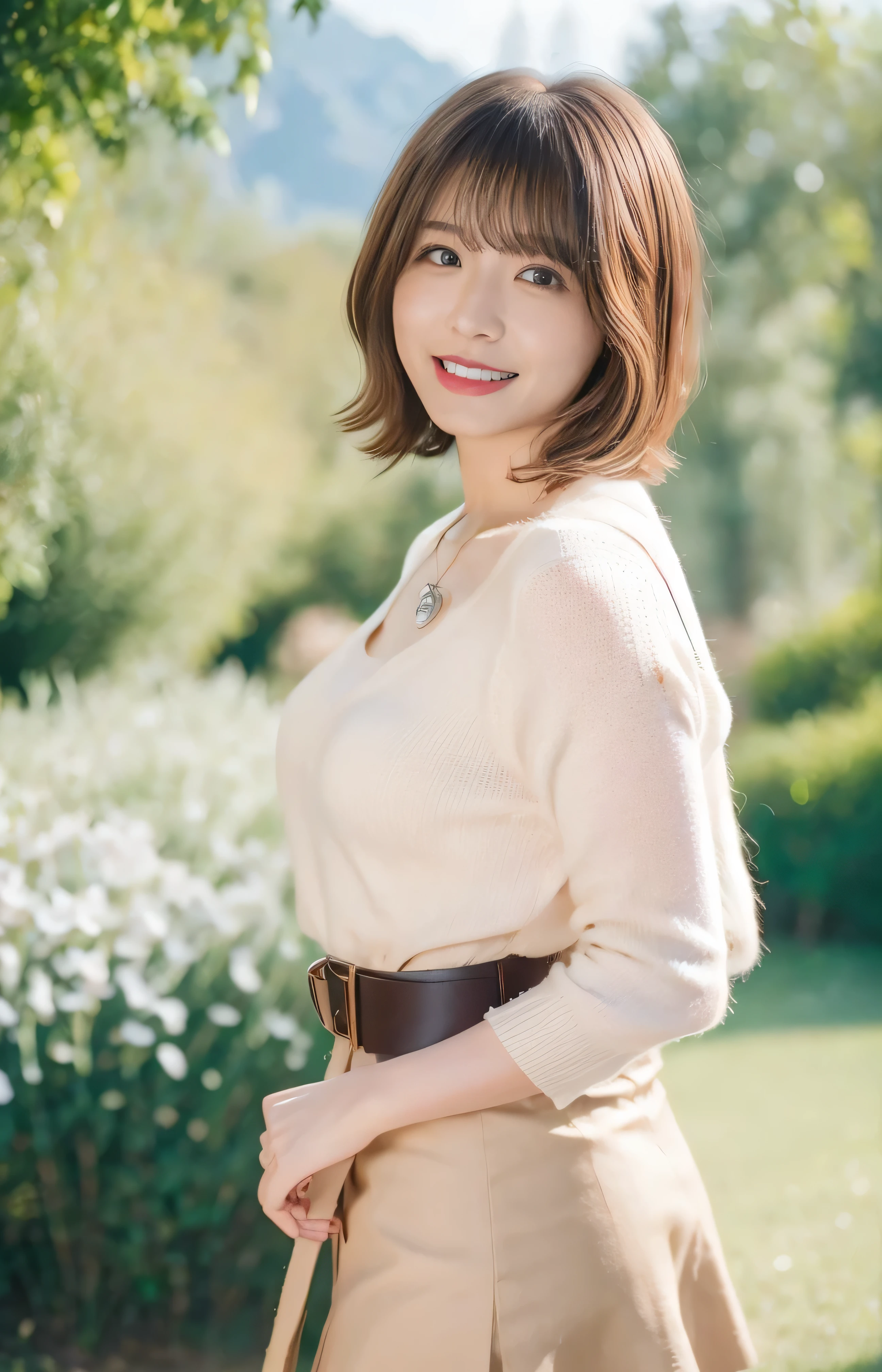 Colorful flowers bloom in the background、Outdoor Photography、Lens flare、((Loose perm、laugh、Shiny Hair、Light coming from behind、Beige Hair、Elegant hairstyle、Curved waist、Do not show cleavage、Beige summer knitwear、Cute Mini Skirt、Loose perm、belt、Large Breasts:1.4.))、Medium Short Hair、Silver necklace and small silver earrings :1.4))、Full body photo、Toothy smile、 Caustics、Highly detailed photos、Very beautiful woman 、Ample breasts、No makeup、(8k、RAW Photos、Highest quality、masterpiece:1.2)、(Realistic、Realistic)、1 girl、((Medium Short Hair、Blur the background、Looking into the camera:1.4))、