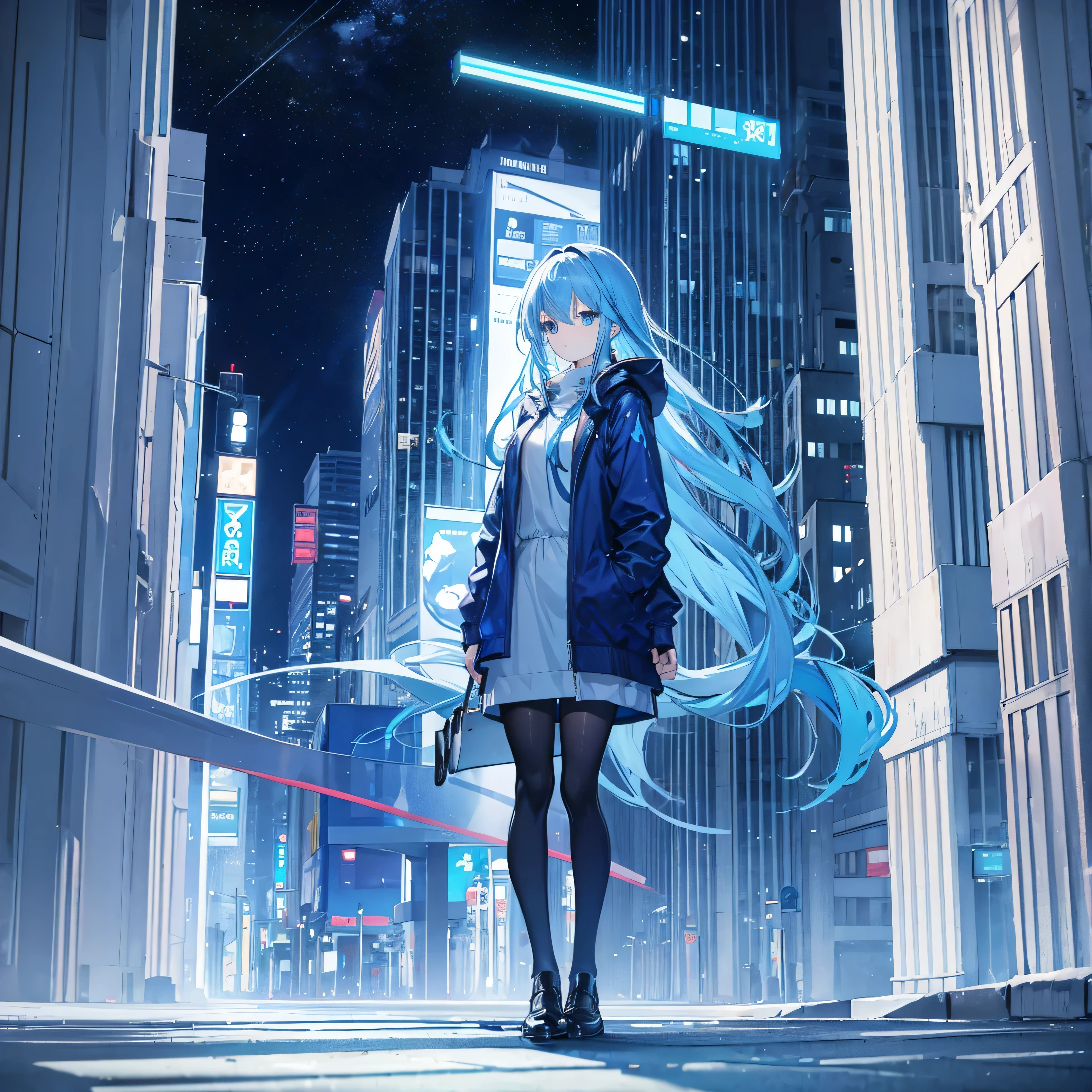 1 woman,light blue hair,blue eyes,blue clothes, looking at viewer,full body photo, night city background