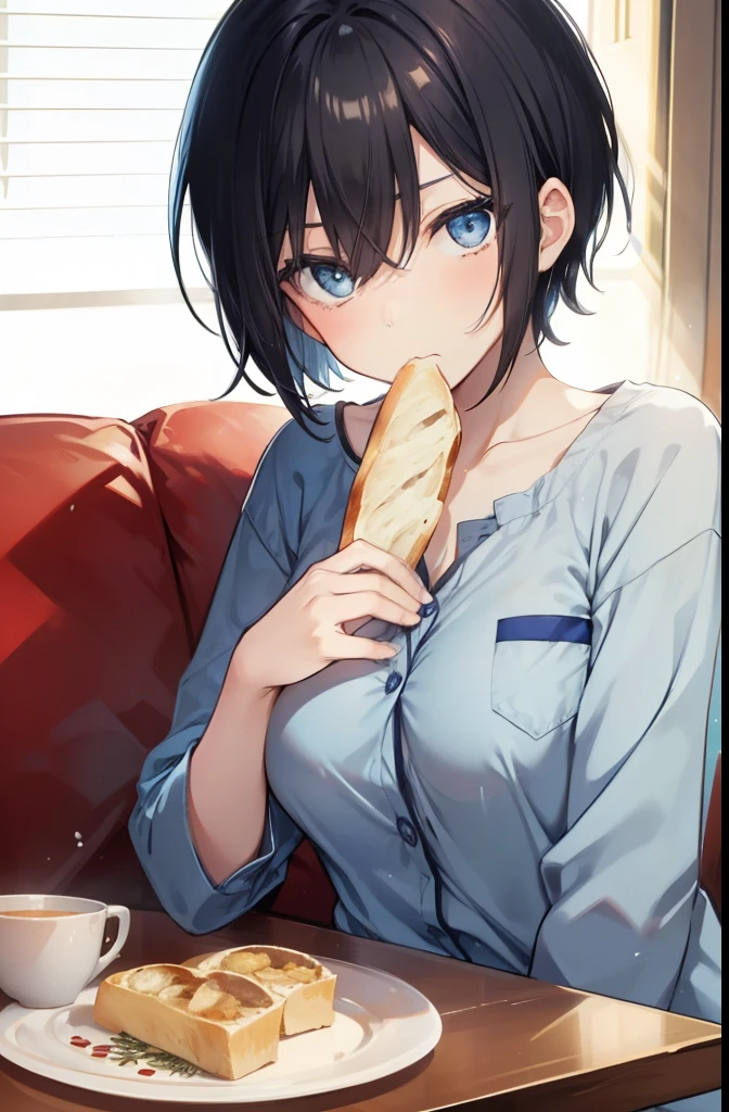 Girl eating bread at the living room table 1,boyish,Very short hair,Black Hair,Light blue pajamas,Large Breasts,Serious face