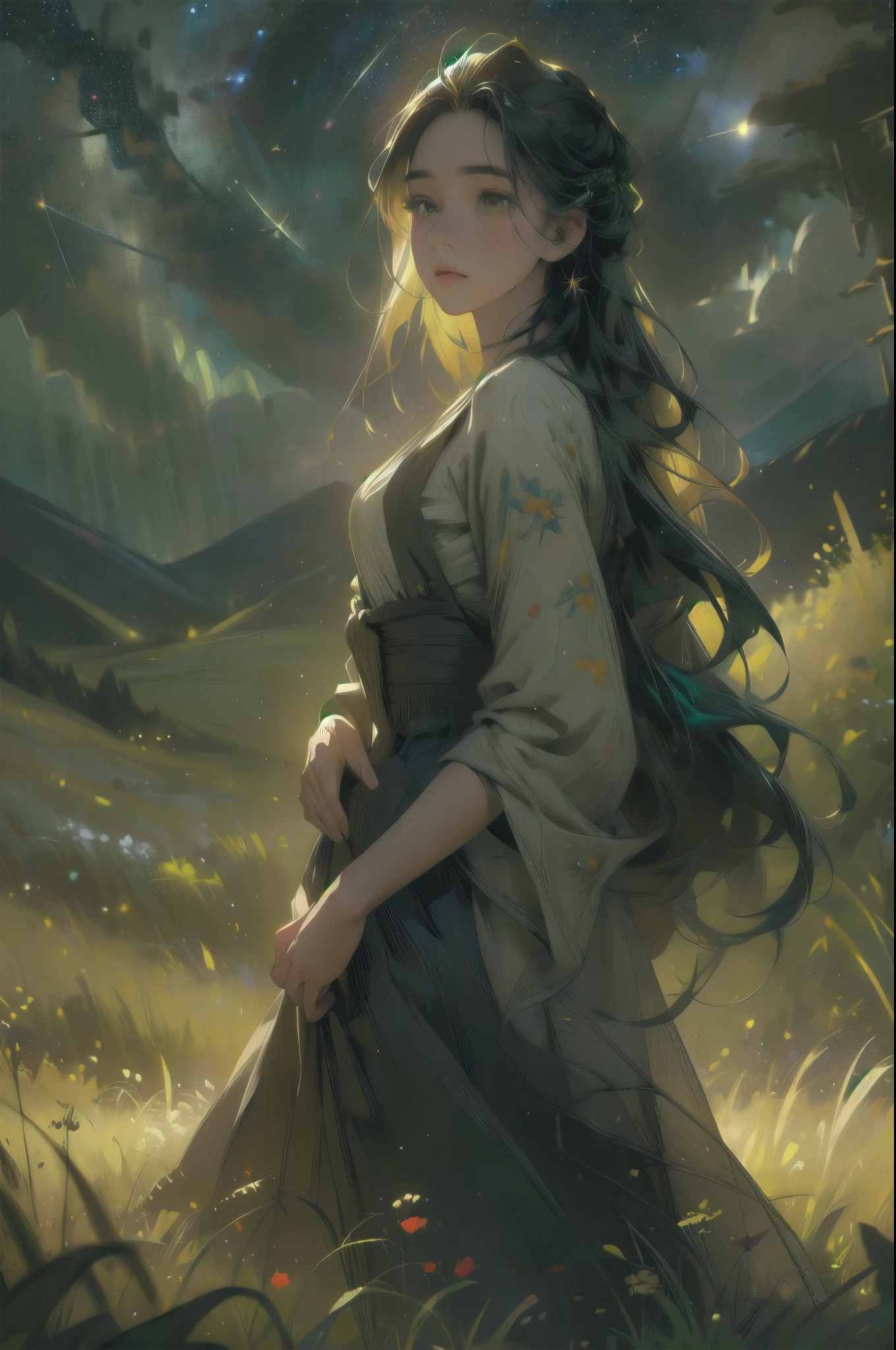 1girl,a field of lush green grass, sparse colorful wildflowers, starry night sky, gentle breeze, detailed foreground, dramatic lighting, cinematic composition, vibrant colors, fantasy landscape, ethereal atmosphere, (best quality,4k,8k,highres,masterpiece:1.2),ultra-detailed,(realistic,photorealistic,photo-realistic:1.37),intricate details,dramatic lighting,vivid colors,cinematic composition,ethereal atmosphere