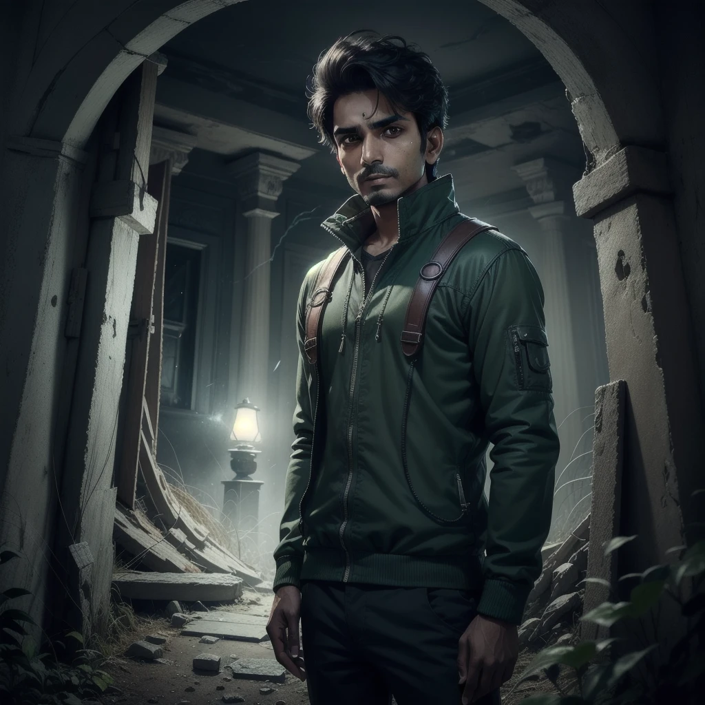 Gaurav Tiwari, a daring and inquisitive paranormal investigator and UFO field investigator, renowned for his appearances on various television shows and the founder of the Indian Paranormal Society, gazes into the camera with a brave and curious expression. Surrounded by the ominous ambiance of haunted locations and the enigmatic presence of UFOs, Gaurav, dressed casually in a green outfit, exudes an adventurous aura. His 6D camera is poised to capture every mysterious detail, and the Octane Render brings out the spooky atmosphere with its ghostly aura. The overall aesthetic is eerie, yet intriguing, as