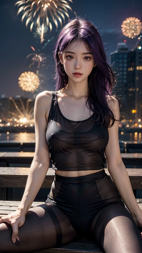 Sheer tank top、Transparent nipples、Big Tits、Transparent tank top、See-through pantyhose、Transparent pantyhose、festival、Fireworks display、Pussy line、Bite、Spread your legs、Purple Hair